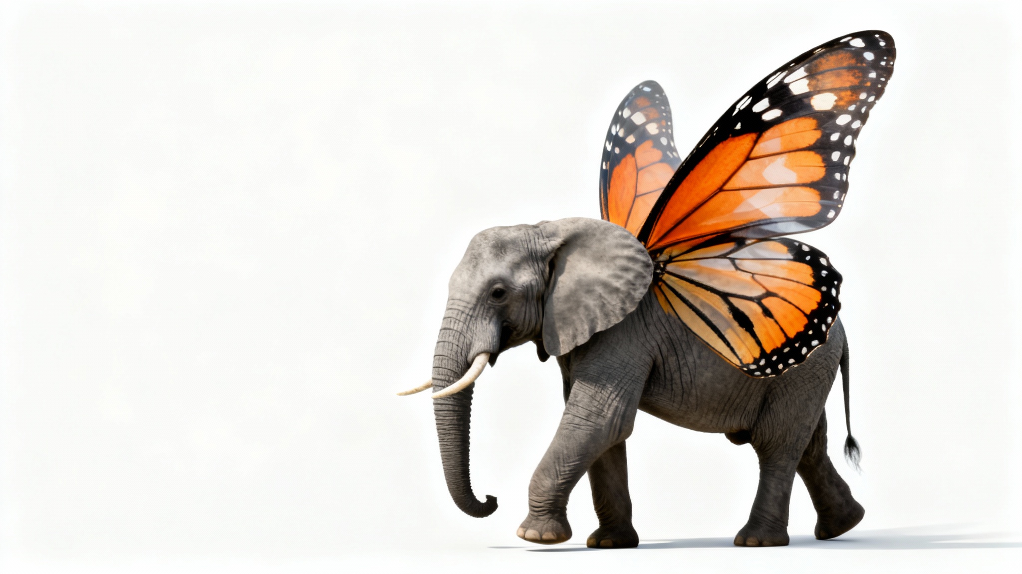 A surreal and creative image mashup showing a realistic grey elephant with the large, vibrant orange and black wings of a monarch butterfly, set against a plain white background.