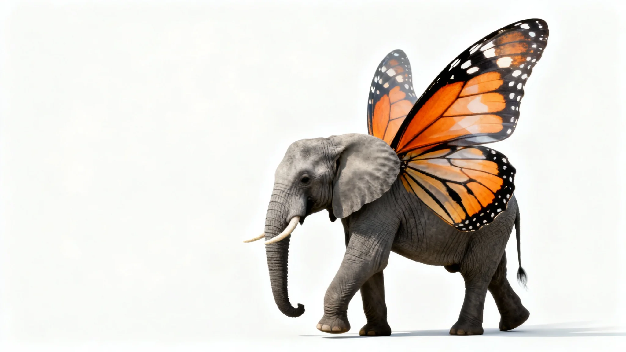 A surreal and creative image mashup showing a realistic grey elephant with the large, vibrant orange and black wings of a monarch butterfly, set against a plain white background.