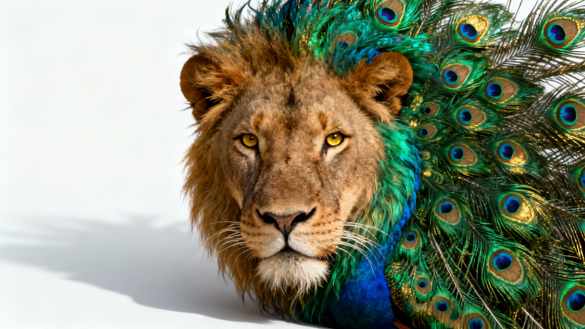 A photorealistic and surreal image mashup of a lion's head with a mane made of vibrant peacock feathers, set against a plain white background.