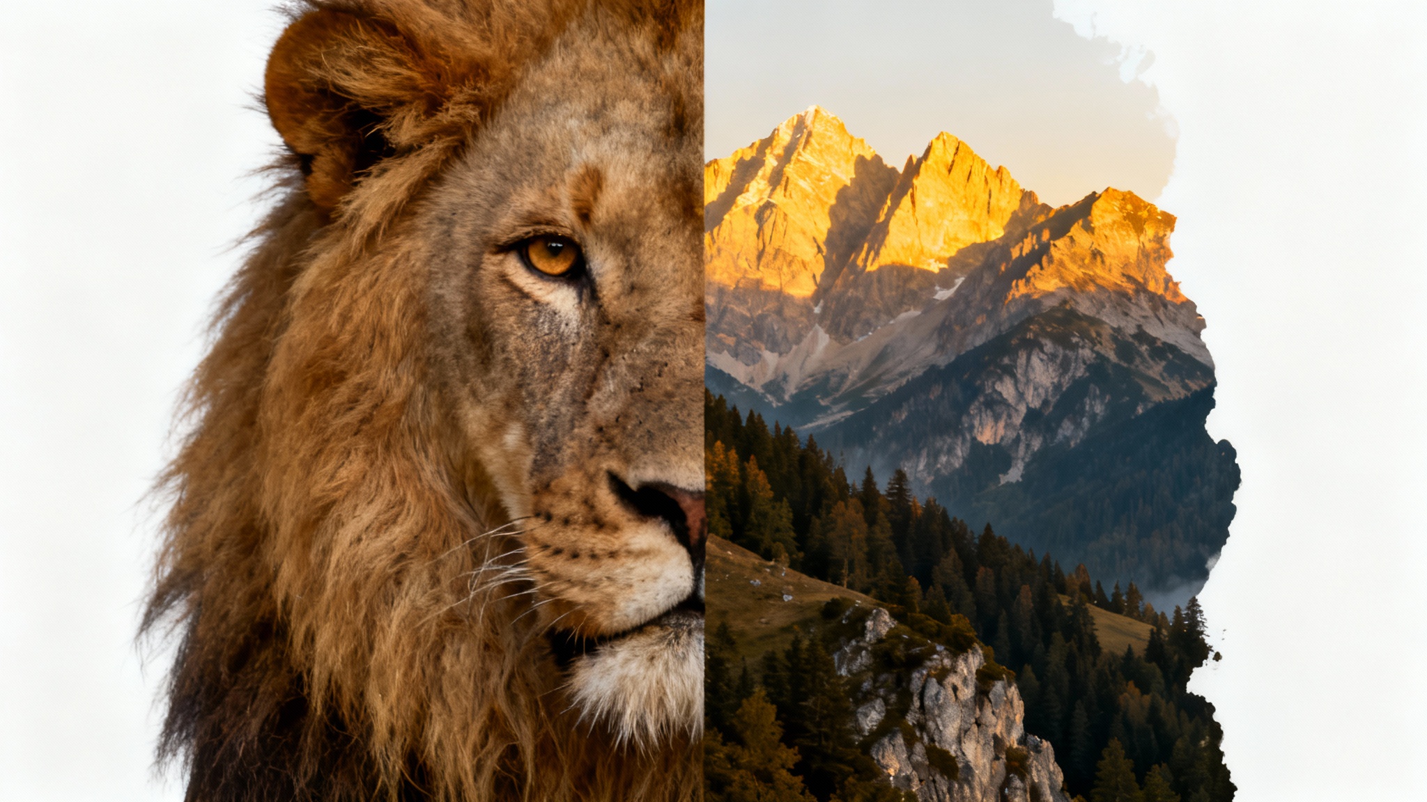 A surreal artistic image demonstrating an image mashup, where the left half is a lion's face and the right half is a mountain landscape, blended together seamlessly on a white background.