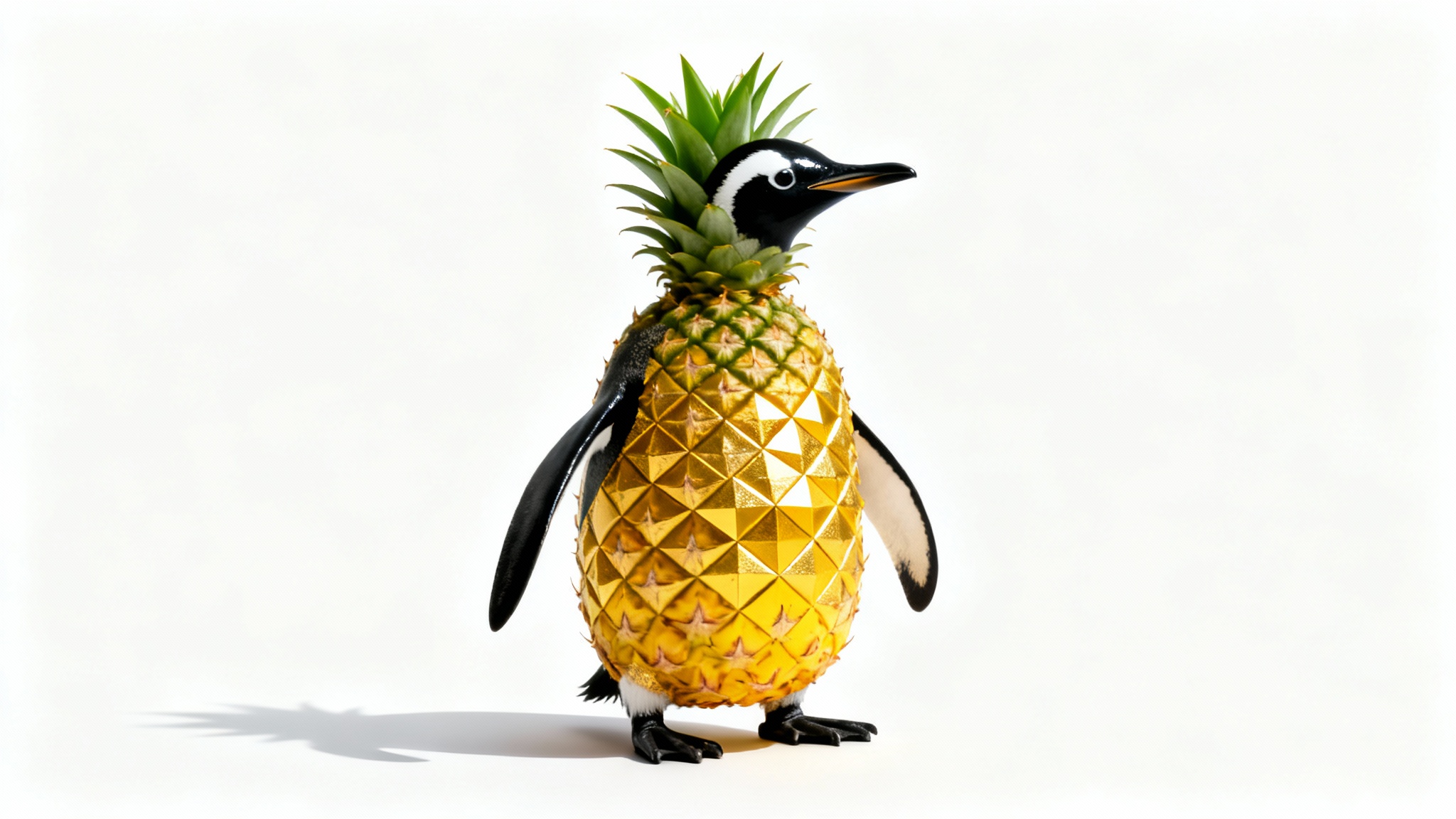 A surreal, photorealistic image mashup of a penguin and a pineapple, creating a 'pineguin'. The creature has the head, flippers, and feet of a penguin, but its body is a whole pineapple. It stands on a clean white background.
