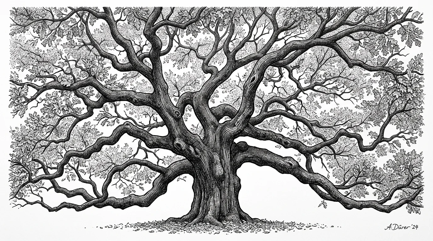A highly detailed pen and ink drawing of a majestic oak tree with a sprawling canopy, showcasing intricate cross-hatching and stippling on a clean white background.