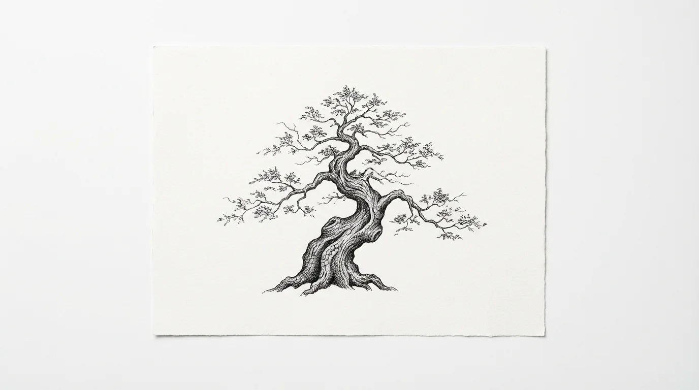 A minimalist pen and ink drawing of a gnarled bonsai tree, centered on a stark white background, showcasing detailed linework and texture.