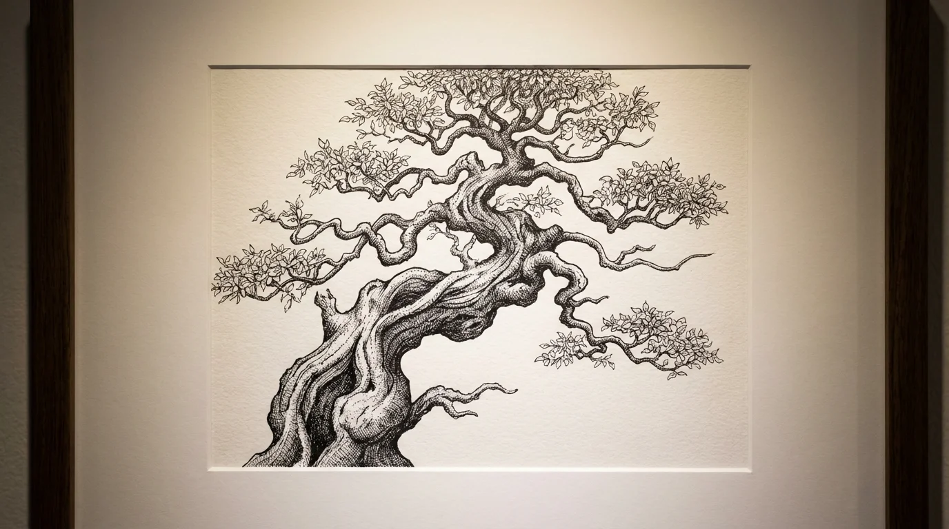 A detailed black and white pen and ink illustration of an old, gnarled bonsai tree, showcased as a piece of art against a plain white background.