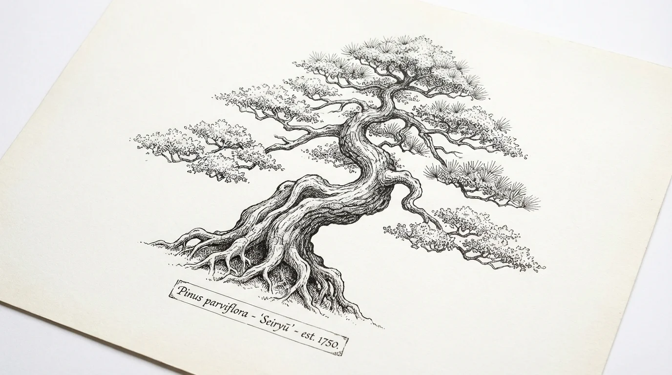 A detailed black pen and ink drawing of an ancient bonsai tree, centered on a plain white background, showcasing intricate linework and shading.