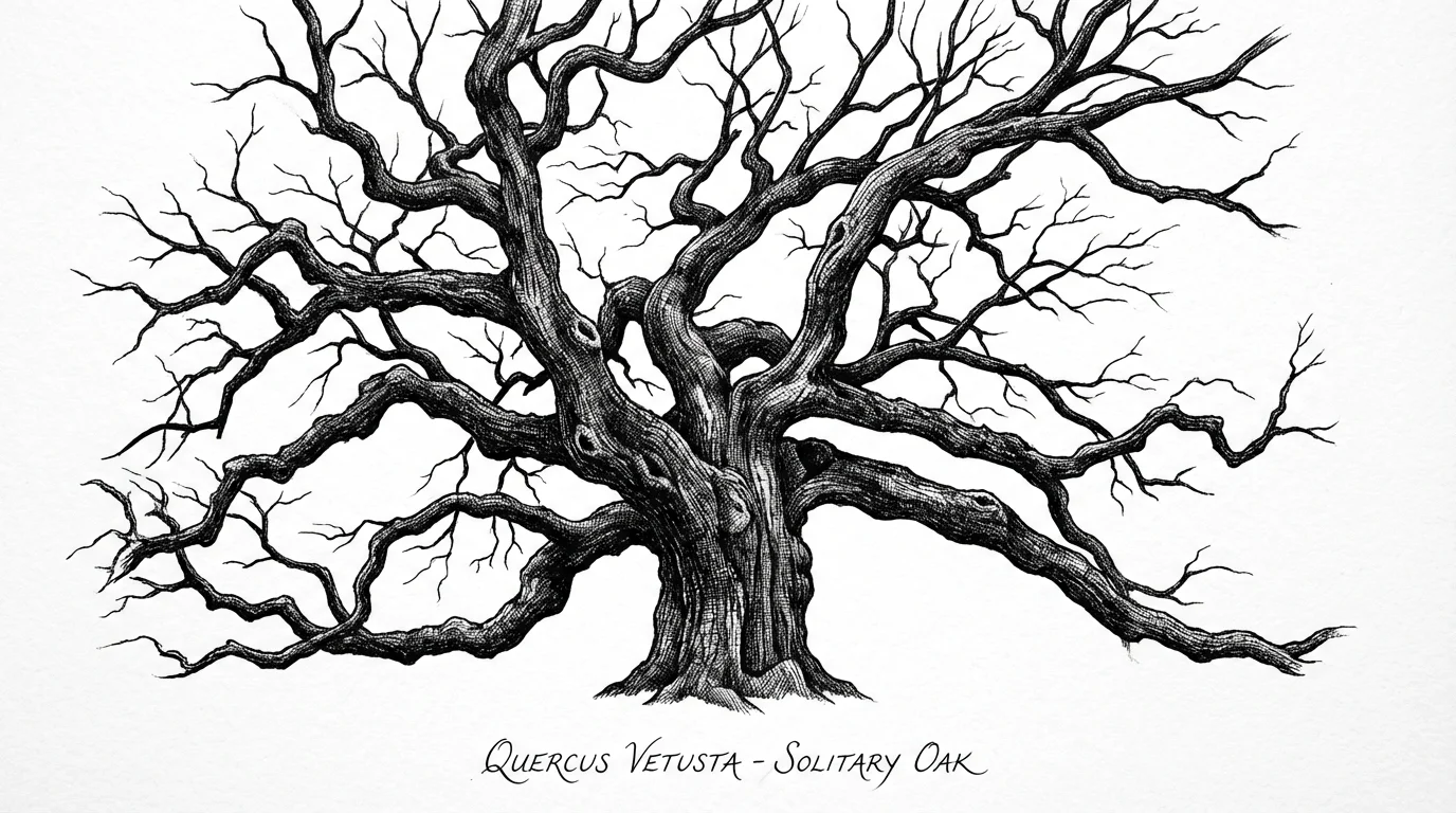 A detailed black and white pen and ink drawing of a large, gnarled oak tree with no leaves, set against a plain white background.