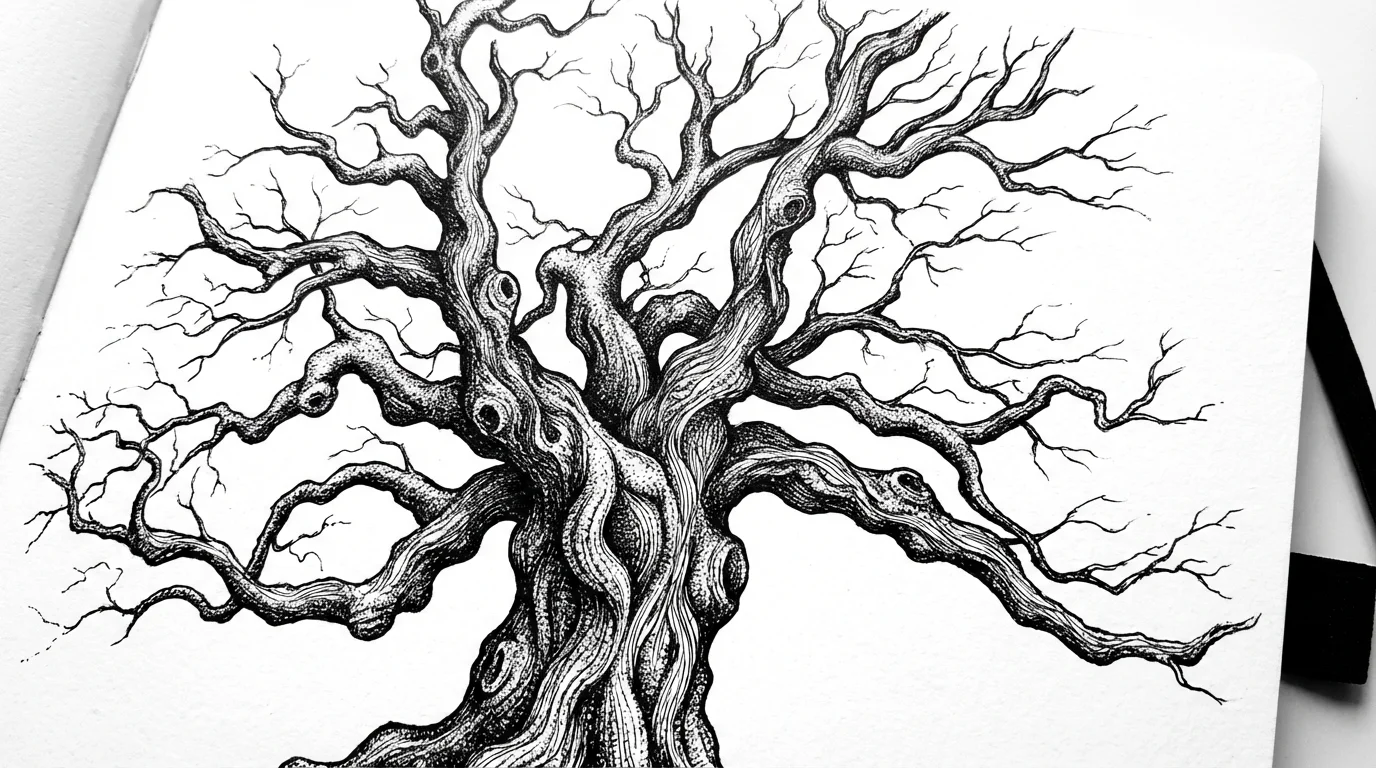 An intricate black and white pen and ink illustration of an old, gnarled tree centered on a plain white background, highlighting the detailed line work.