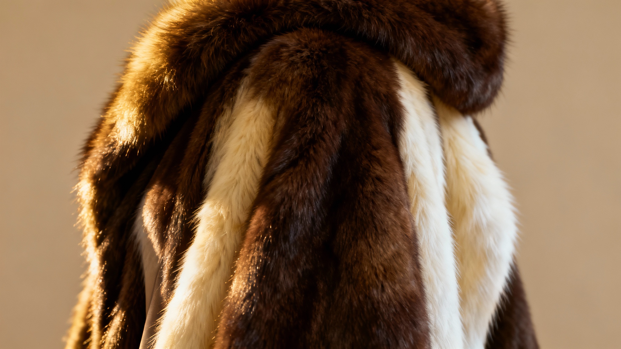 A hyper-realistic macro shot of a luxurious and fluffy fur texture, with a mix of deep brown and cream colors, shown in stunning detail under soft lighting.