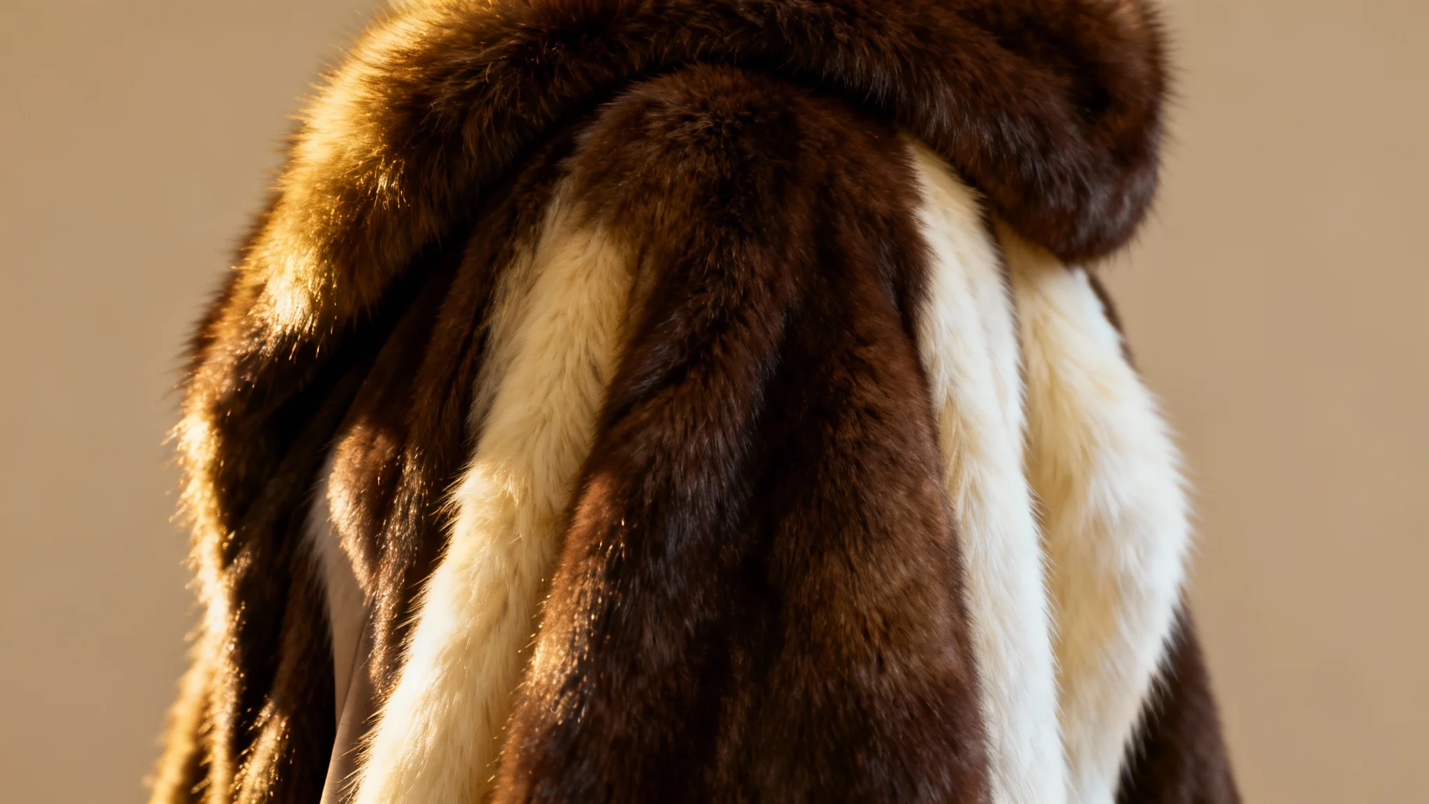 A hyper-realistic macro shot of a luxurious and fluffy fur texture, with a mix of deep brown and cream colors, shown in stunning detail under soft lighting.