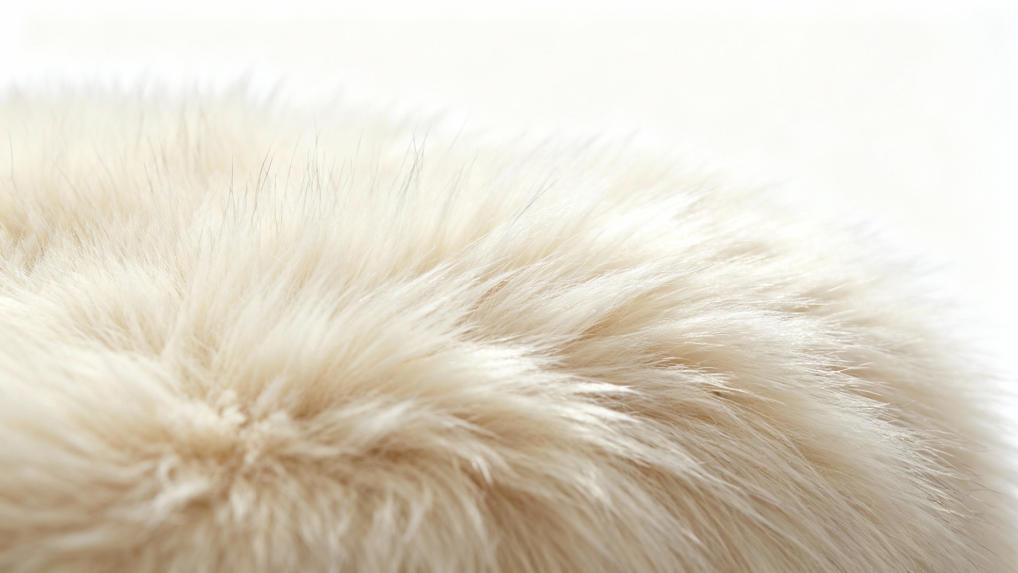 An extreme close-up, hyper-realistic image of a soft, fluffy fur texture in a creamy off-white color, set against a plain white background to emphasize its plush details.