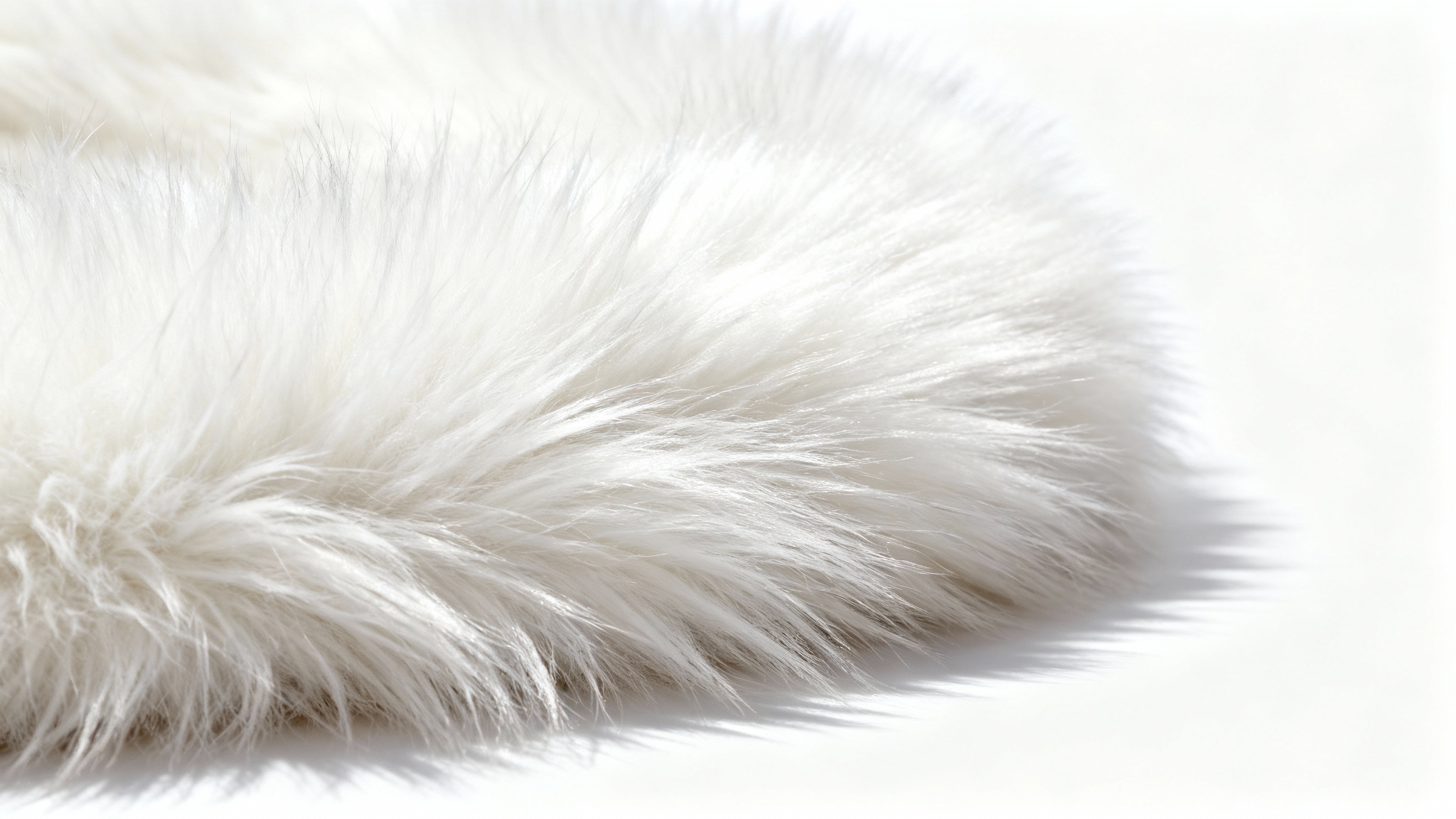 A hyper-realistic macro shot of a soft, fluffy white fur texture, with clean studio lighting emphasizing its plush and dense fibers against a solid white background.