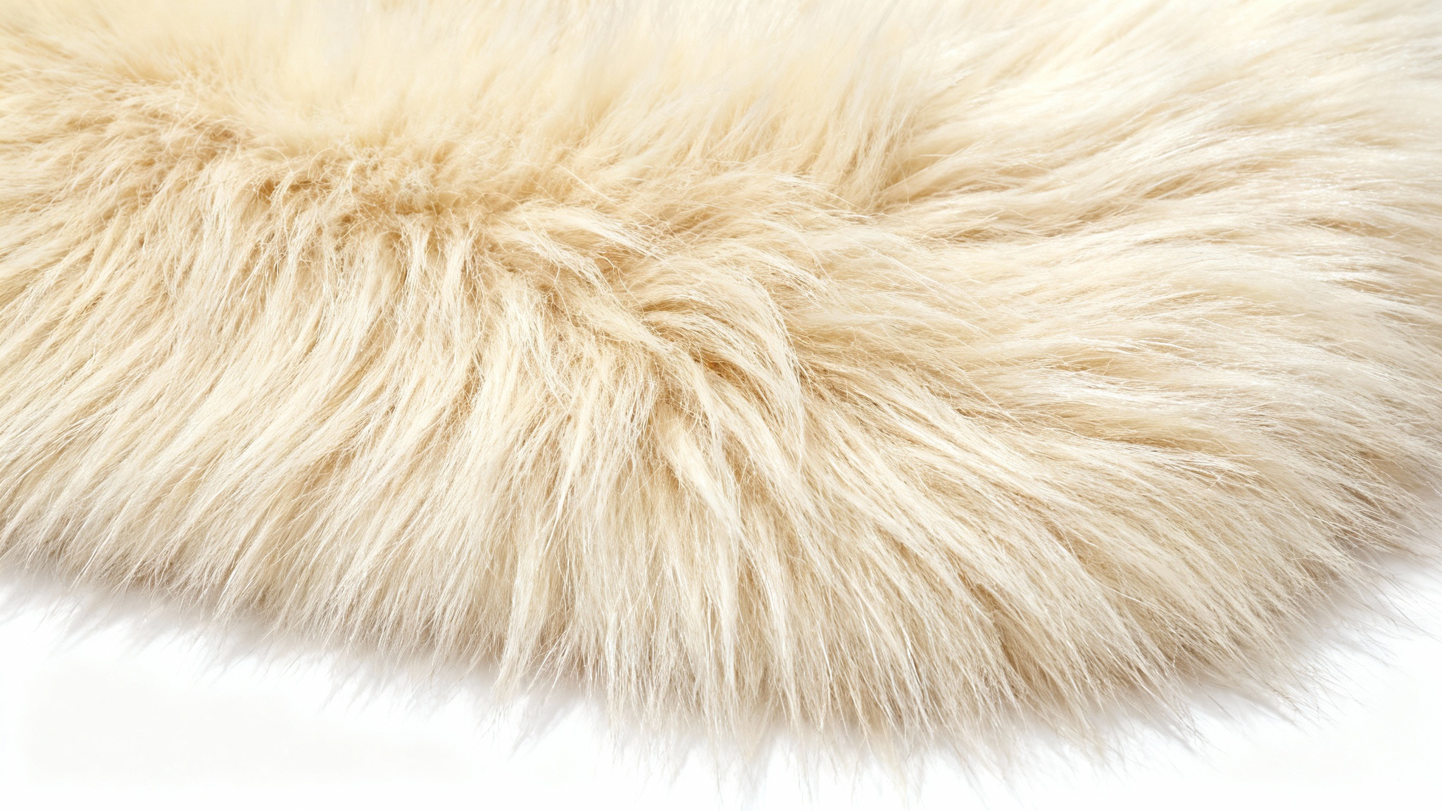 A hyper-realistic, extreme close-up image of a soft, fluffy cream-colored fur texture against a clean white background, highlighting its plushness and detail.