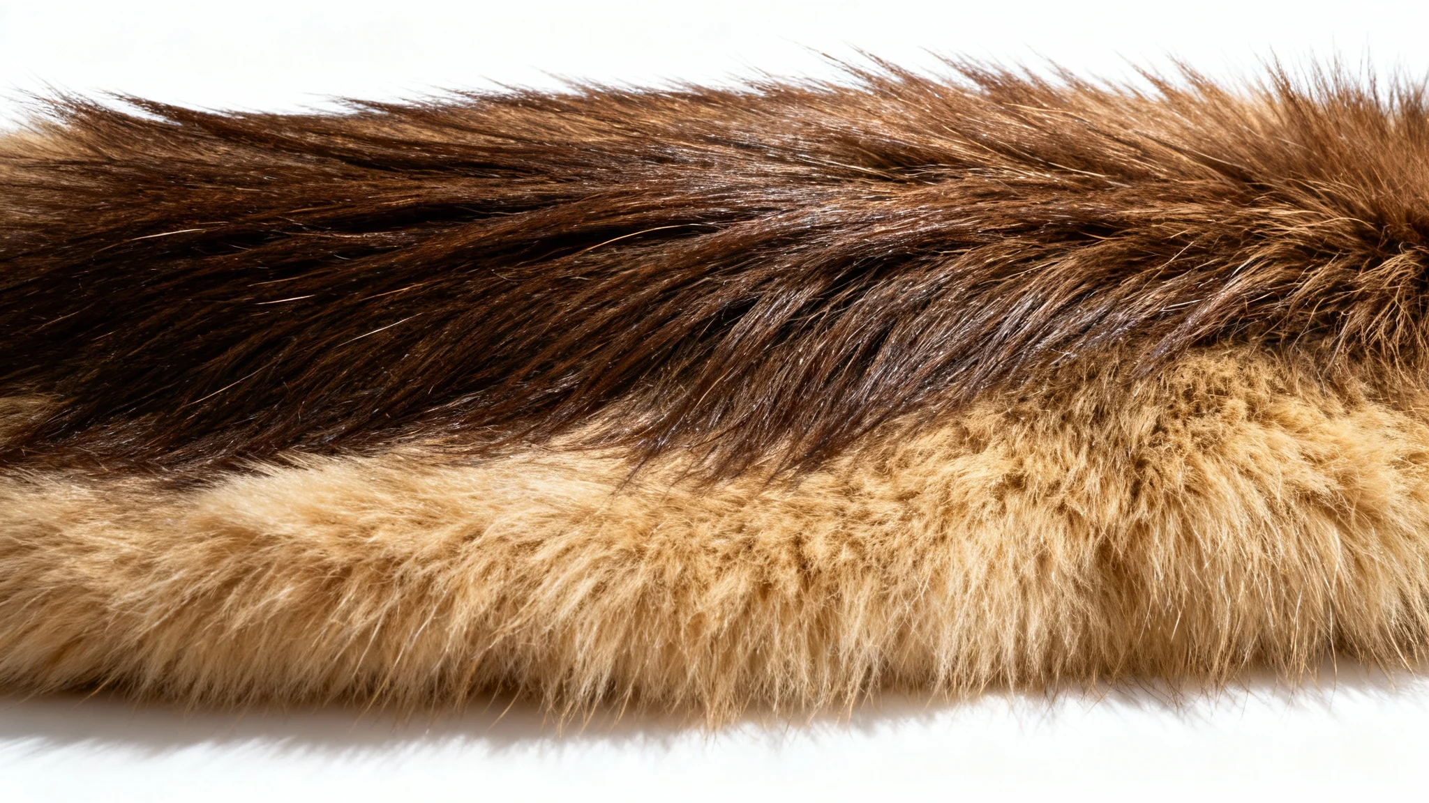 A hyper-realistic macro shot of a swatch of dense brown and tan fur, showcasing its soft and detailed texture against a solid white background.