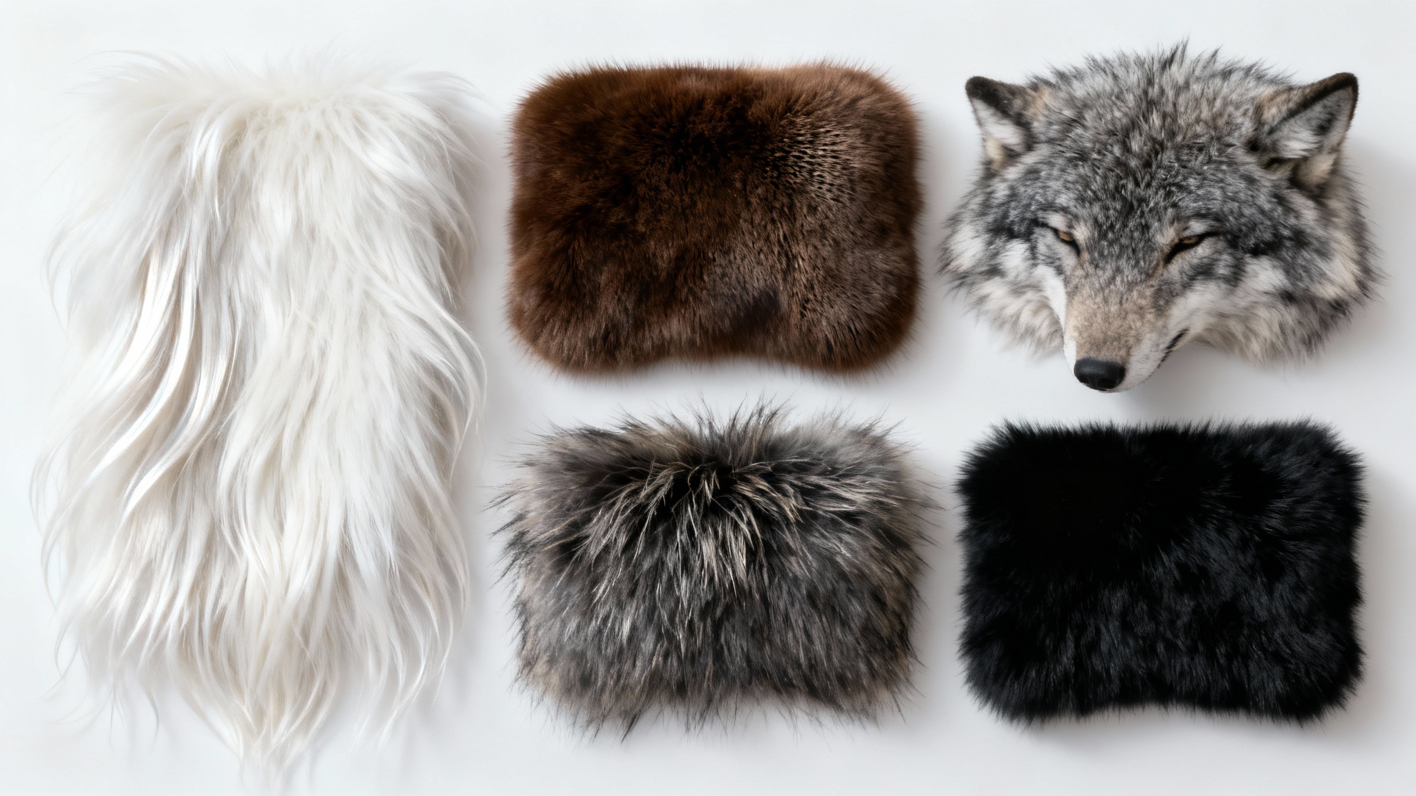 A photorealistic, detailed macro shot displaying four different types of faux fur textures, long white, short brown, speckled gray, and plush black arranged neatly on a clean white background, highlighting their varied textures.