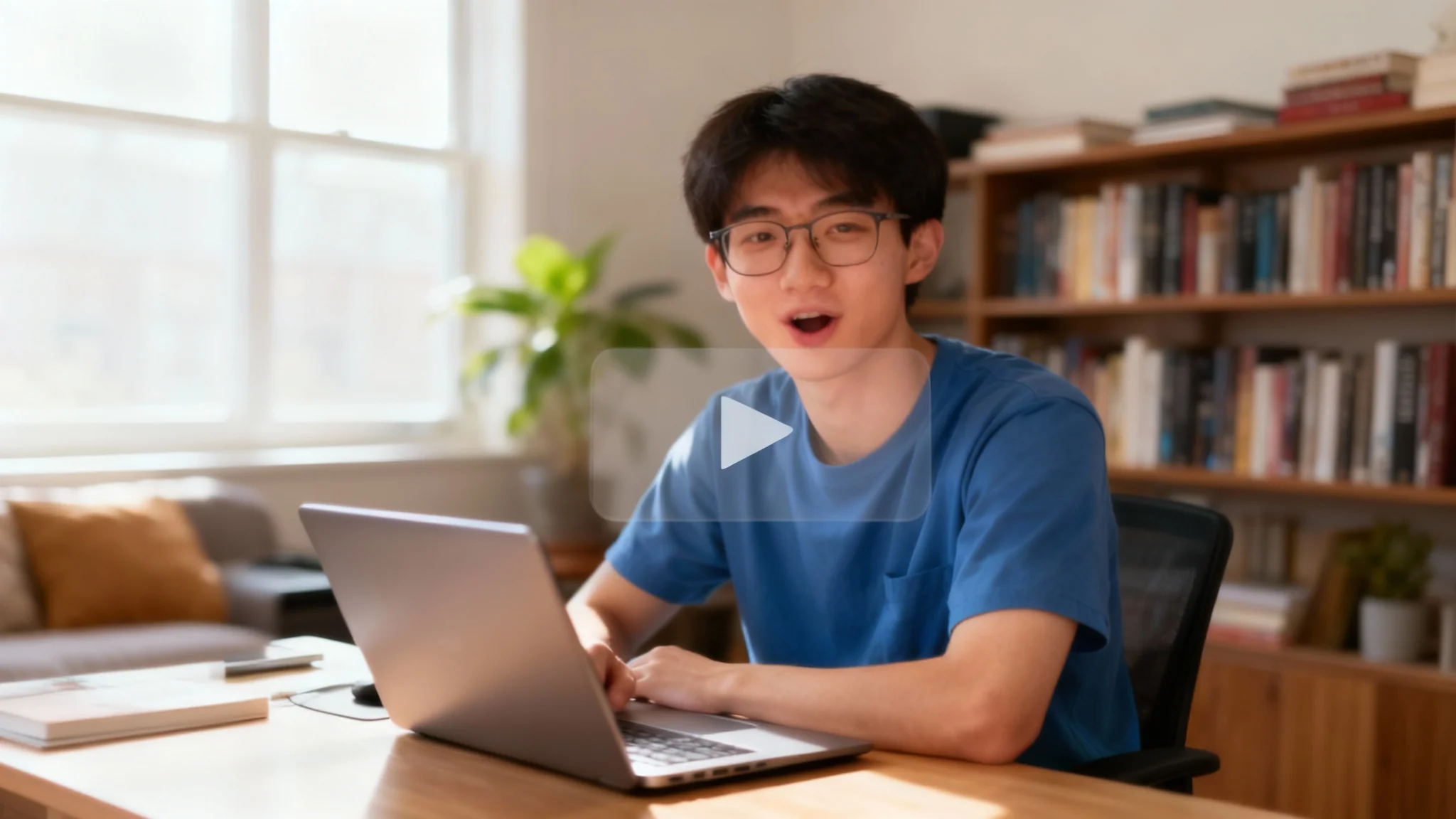 A video player interface showing a still frame of a young man with glasses speaking animatedly, representing the final result of an AI tool that creates talking videos from an image.