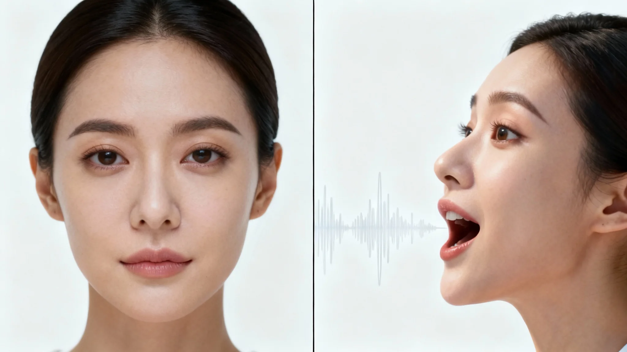A split-screen comparison showing a static studio portrait of a woman on the left, and on the right, the same woman animated and speaking, demonstrating the image-to-talking-video technology.