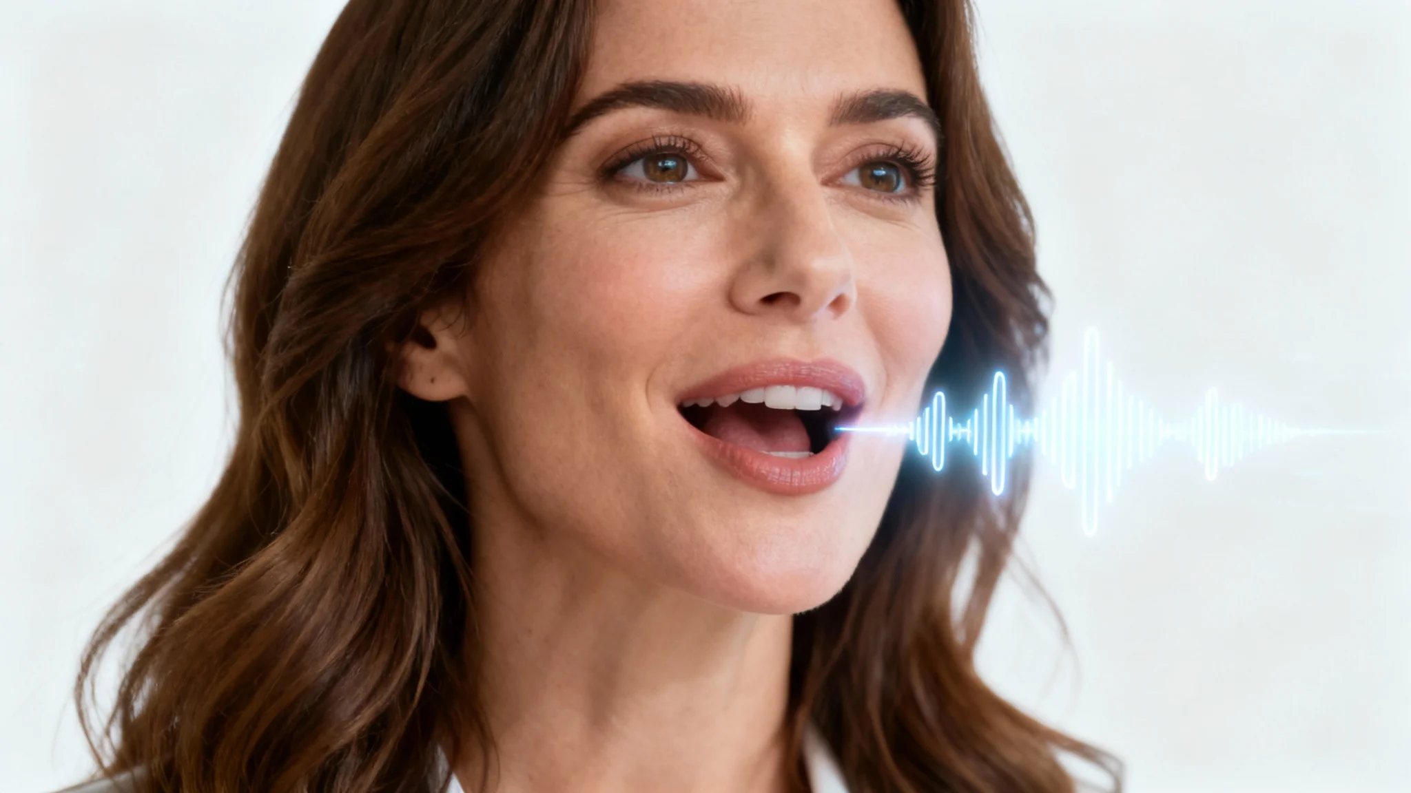 A photorealistic portrait of a woman speaking, with abstract digital sound waves coming from her mouth, representing an image being turned into a talking video.