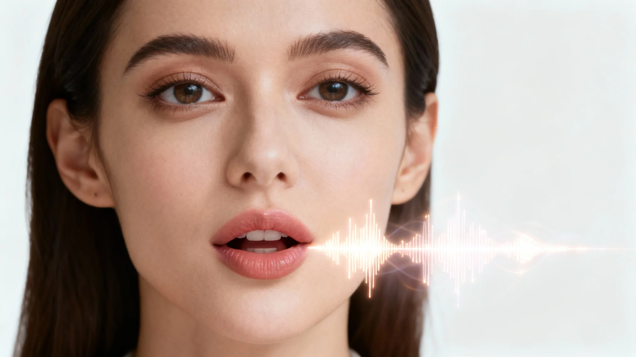 A conceptual image showing a still portrait of a woman coming to life. One side of her face is a static photo, while the other shows her speaking, with faint soundwaves coming from her mouth, against a white background.