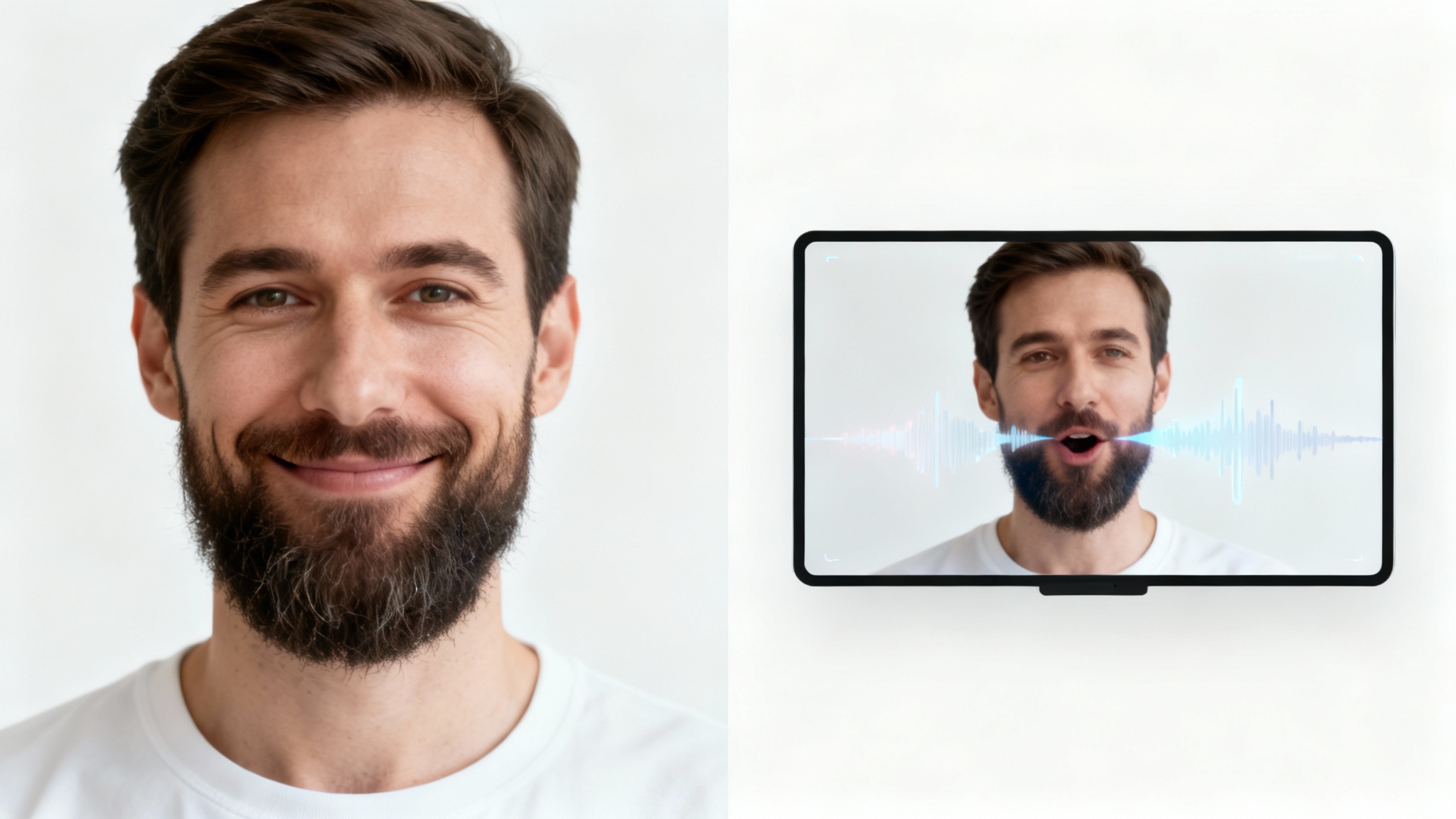 A side-by-side comparison demonstrating the image-to-talking-video feature. The left image is a static portrait of a man, and the right image shows the same man animated and appearing to speak.