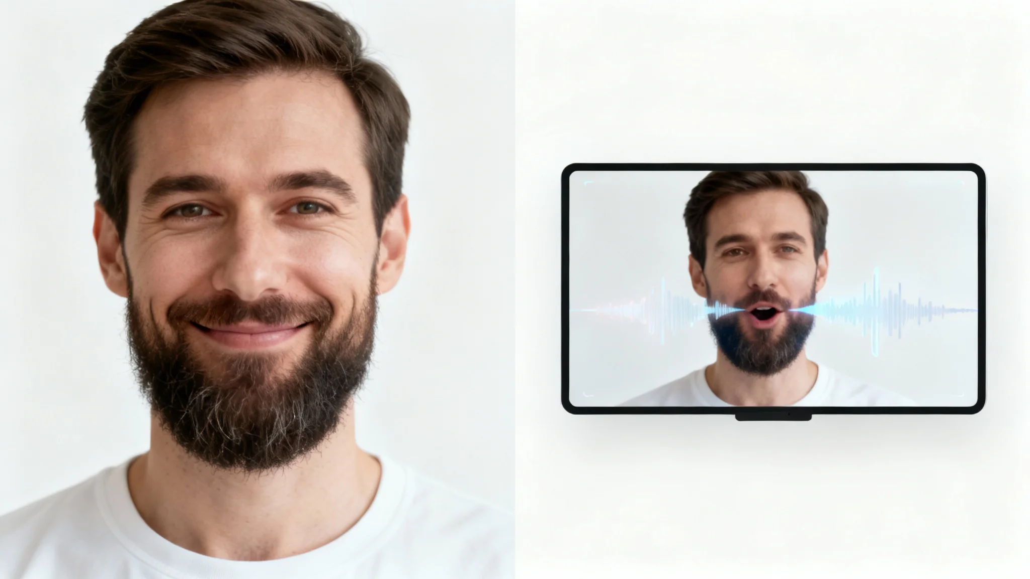 A side-by-side comparison demonstrating the image-to-talking-video feature. The left image is a static portrait of a man, and the right image shows the same man animated and appearing to speak.