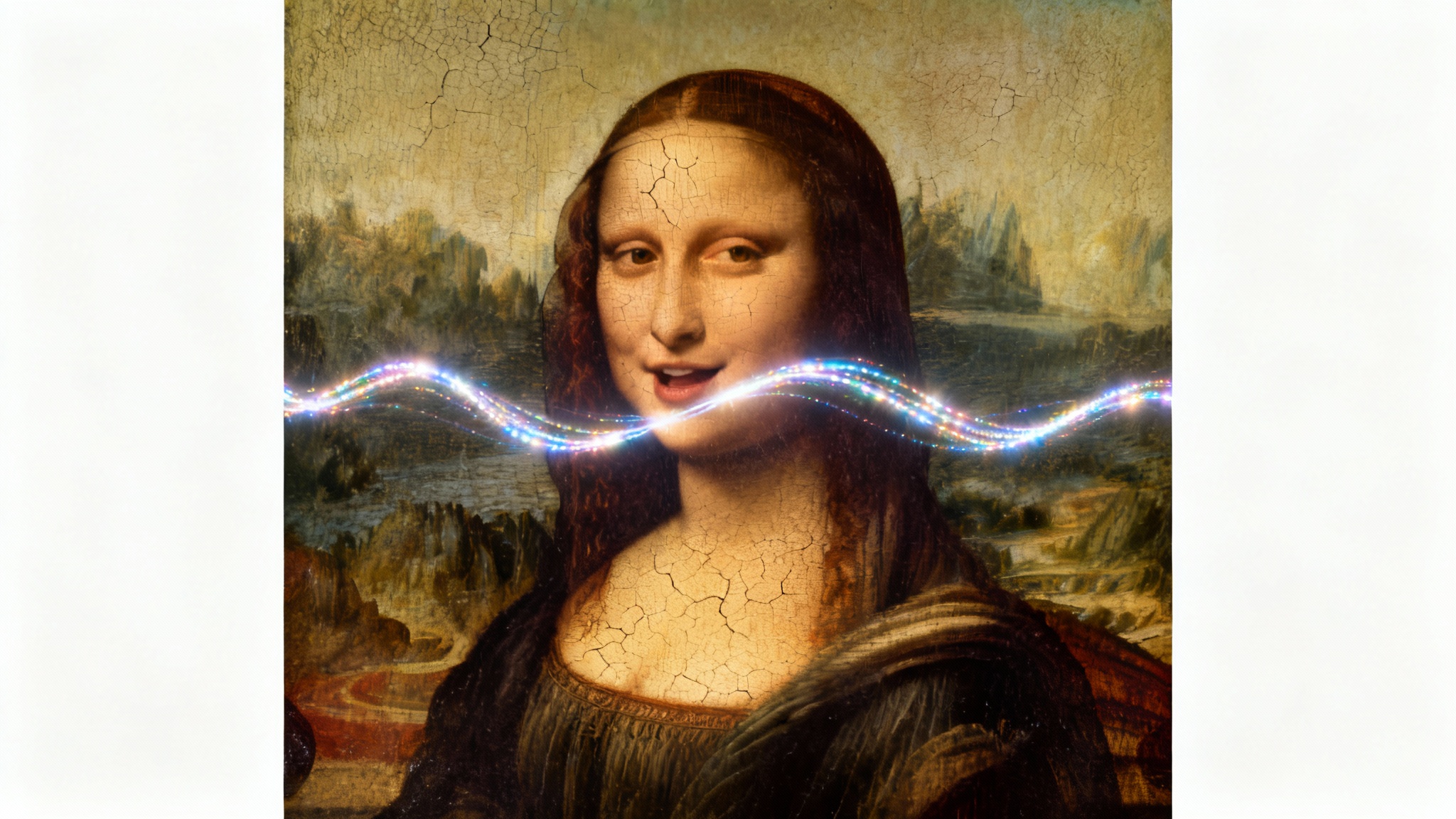 A classic Renaissance portrait of a woman is shown half-static and half-animated, with a wave of light transforming her neutral expression into an active, speaking one, against a clean white background.