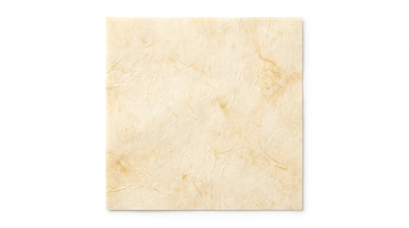 A detailed, top-down view of a square, seamless tile of aged parchment texture, highlighting its fibrous details and warm, mottled coloration on a white background.