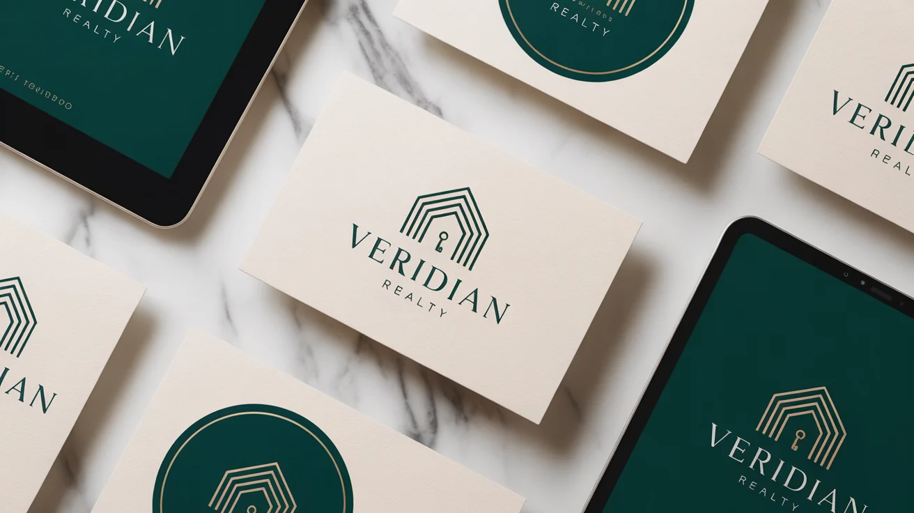 A flat lay of branding materials for a fictional real estate company called 'Veridian Realty', showing a modern logo with a key and rooftop on a business card, sticker, and tablet screen.