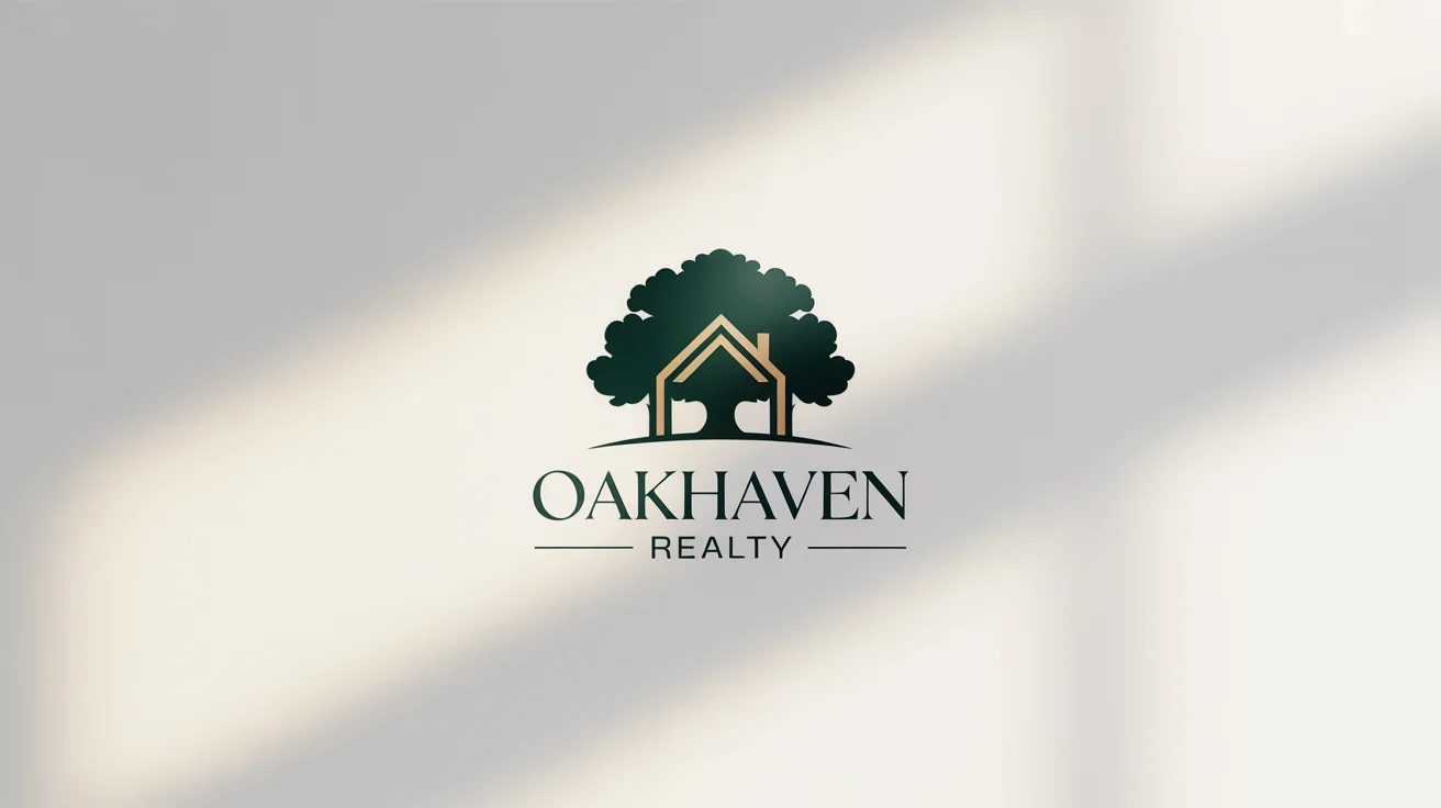 A professional real estate logo for 'Oakhaven Realty' featuring a green oak tree and house silhouette, presented on a plain white background.