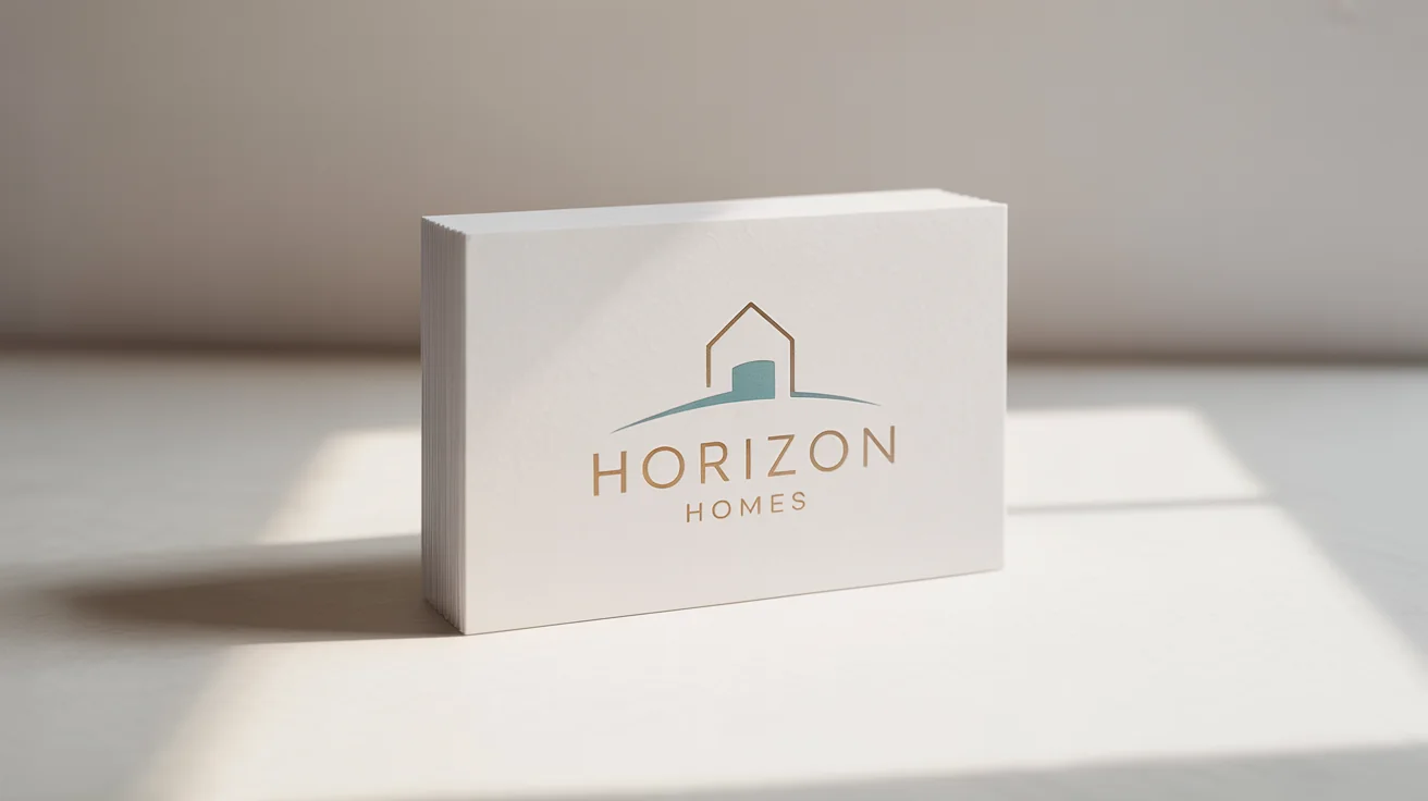 A professional mockup of a real estate logo for 'Horizon Homes', featuring a teal and gold icon of a house, elegantly printed on a white business card against a clean white background.