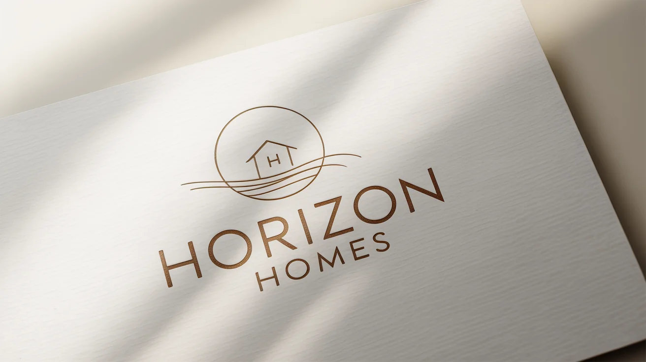 A luxurious mockup of a real estate logo for 'Horizon Homes', featuring a gold foil design on thick white cardstock against a white background.