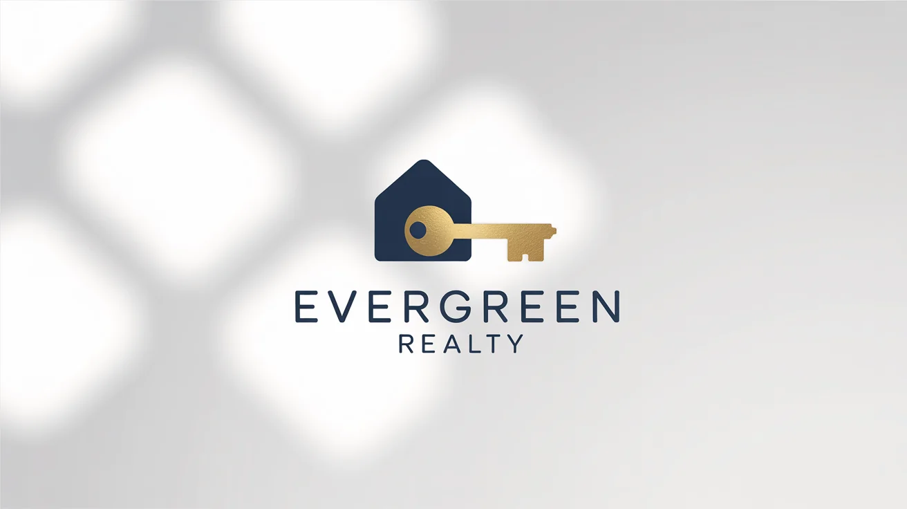 A modern real estate logo for a fictional company called 'Evergreen Realty', featuring a navy blue and gold icon that combines a house and a key. The logo is displayed on a clean white background.