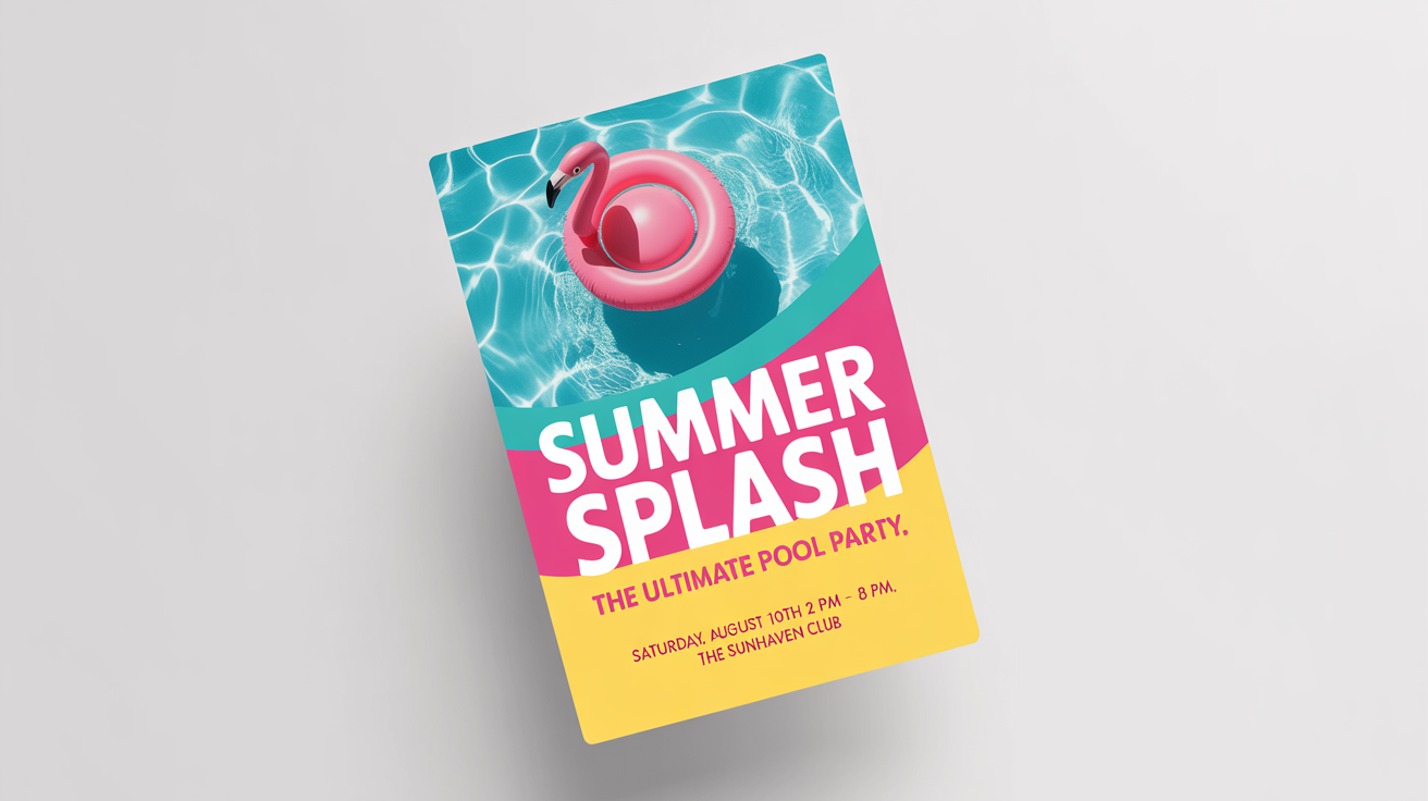 A mockup of a flyer for a summer pool party titled 'Summer Splash', featuring a top-down view of a pool with a pink flamingo inflatable.