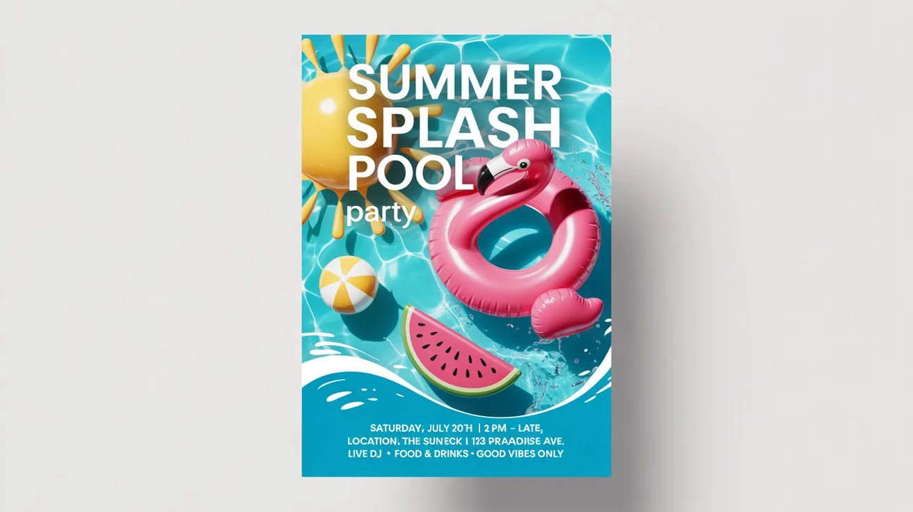 A vibrant mockup of a summer pool party flyer on a white background, featuring a graphic of a pool with inflatables and event details like 'Summer Splash Pool Party'.