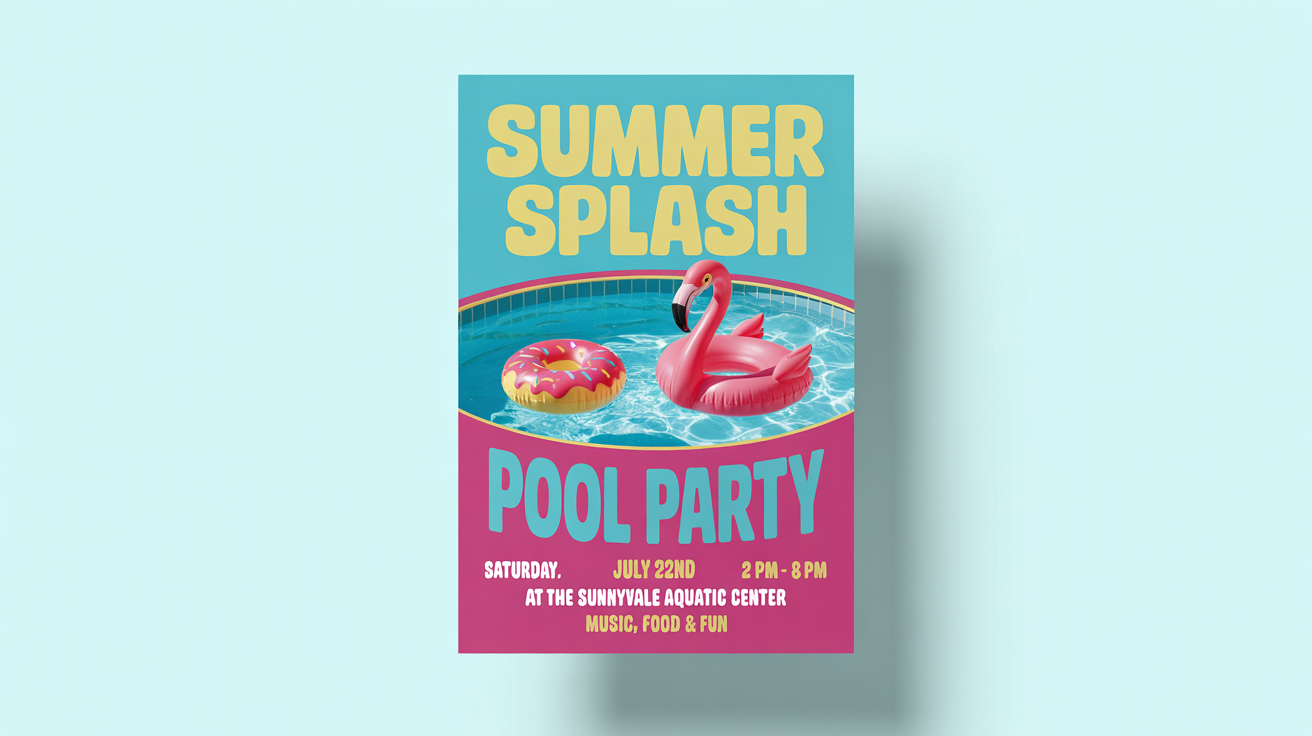 A mockup of a bright and colorful summer pool party flyer against a white background. The flyer reads 'Summer Splash Pool Party' and features an image of a pool with inflatables.