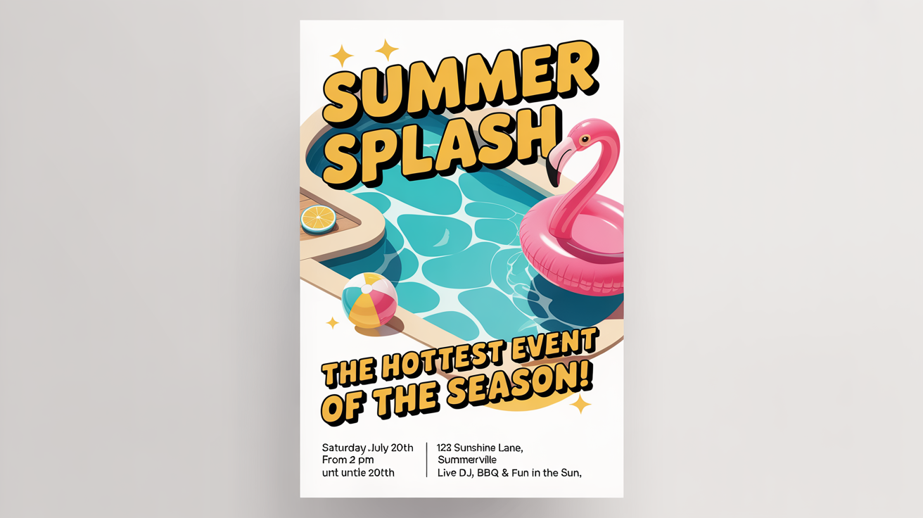 A mockup of a fun and colorful summer pool party flyer with the title 'SUMMER SPLASH', featuring stylized graphics of a pool, a flamingo float, and a beach ball on a white background.