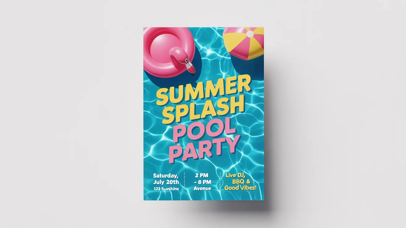 A mockup of a colorful summer pool party flyer with a graphic of a pool and a flamingo float. The text announces a 'SUMMER SPLASH POOL PARTY' and includes event details.
