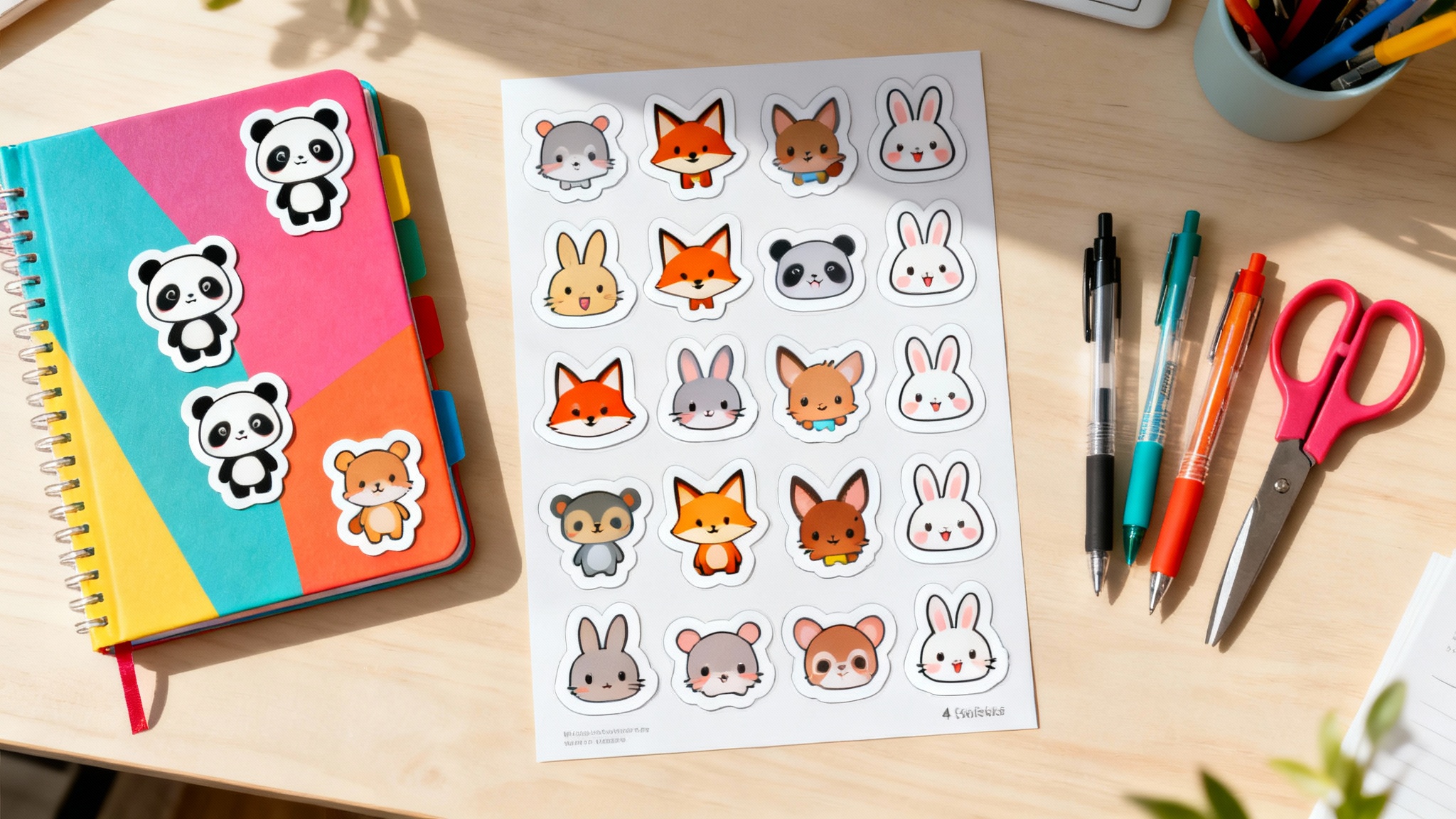 A cheerful flat lay of a DIY crafting project showing printable animal stickers in use. A sheet of cartoon animal stickers is placed next to a colorful notebook decorated with a cute panda and fox sticker. Craft scissors and pens complete the creative scene.