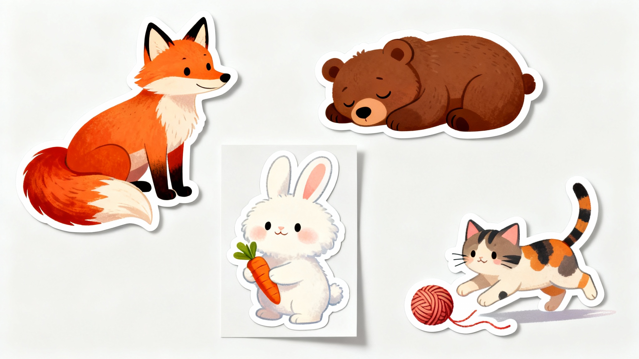 A photorealistic mockup of several cute, cartoon-style printable animal stickers, including a fox, bear, and bunny, scattered on a clean white background.