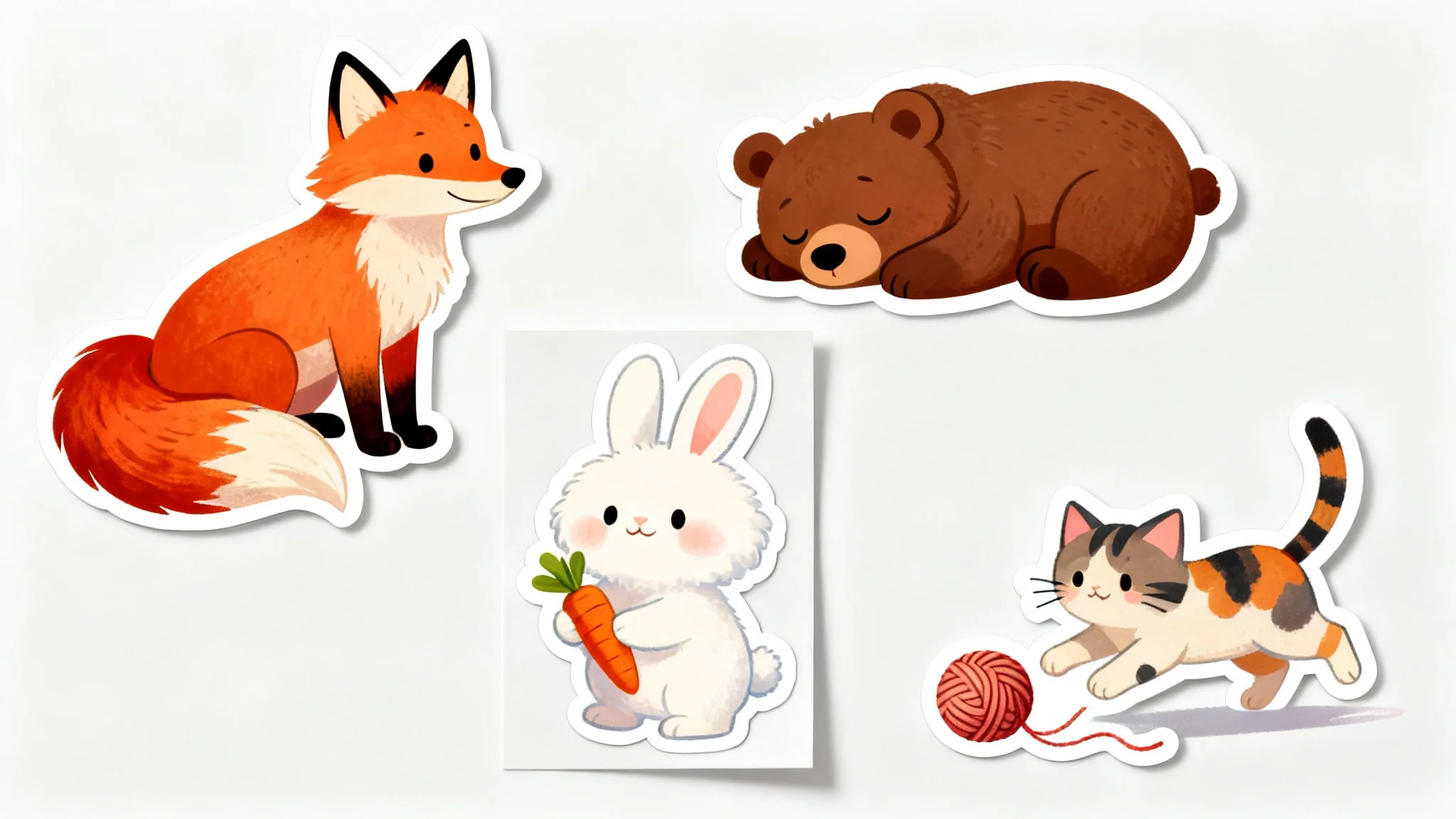 A photorealistic mockup of several cute, cartoon-style printable animal stickers, including a fox, bear, and bunny, scattered on a clean white background.