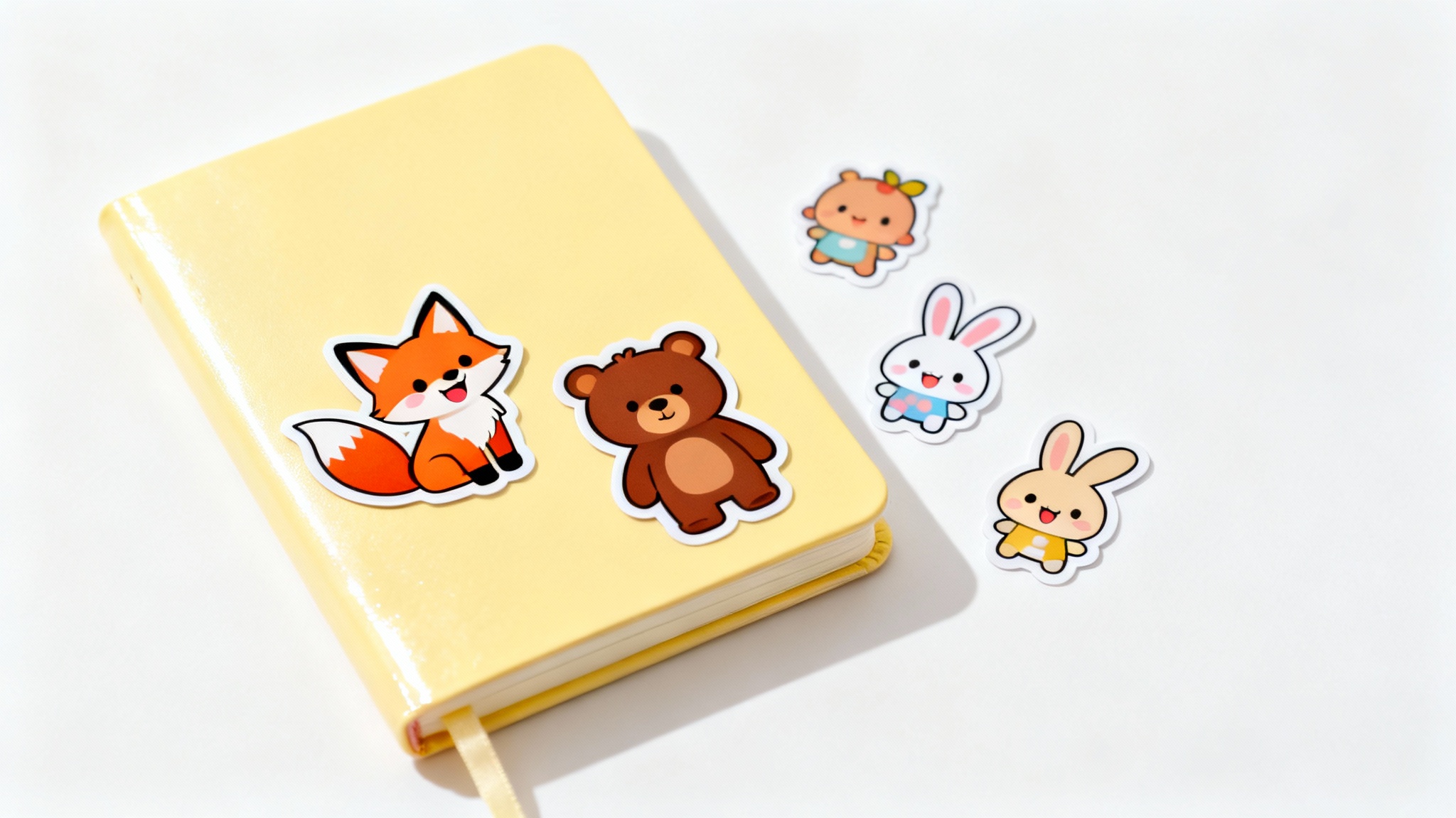 A pastel yellow notebook on a white background, decorated with cute cartoon animal stickers of a fox, bear, and rabbit, with a few extra stickers scattered nearby.