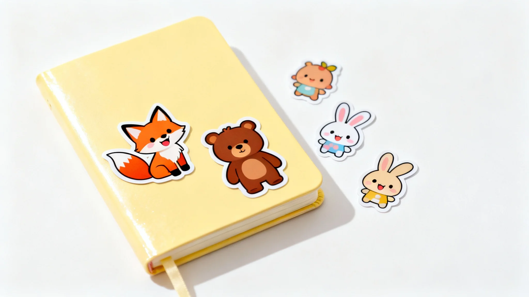 A pastel yellow notebook on a white background, decorated with cute cartoon animal stickers of a fox, bear, and rabbit, with a few extra stickers scattered nearby.