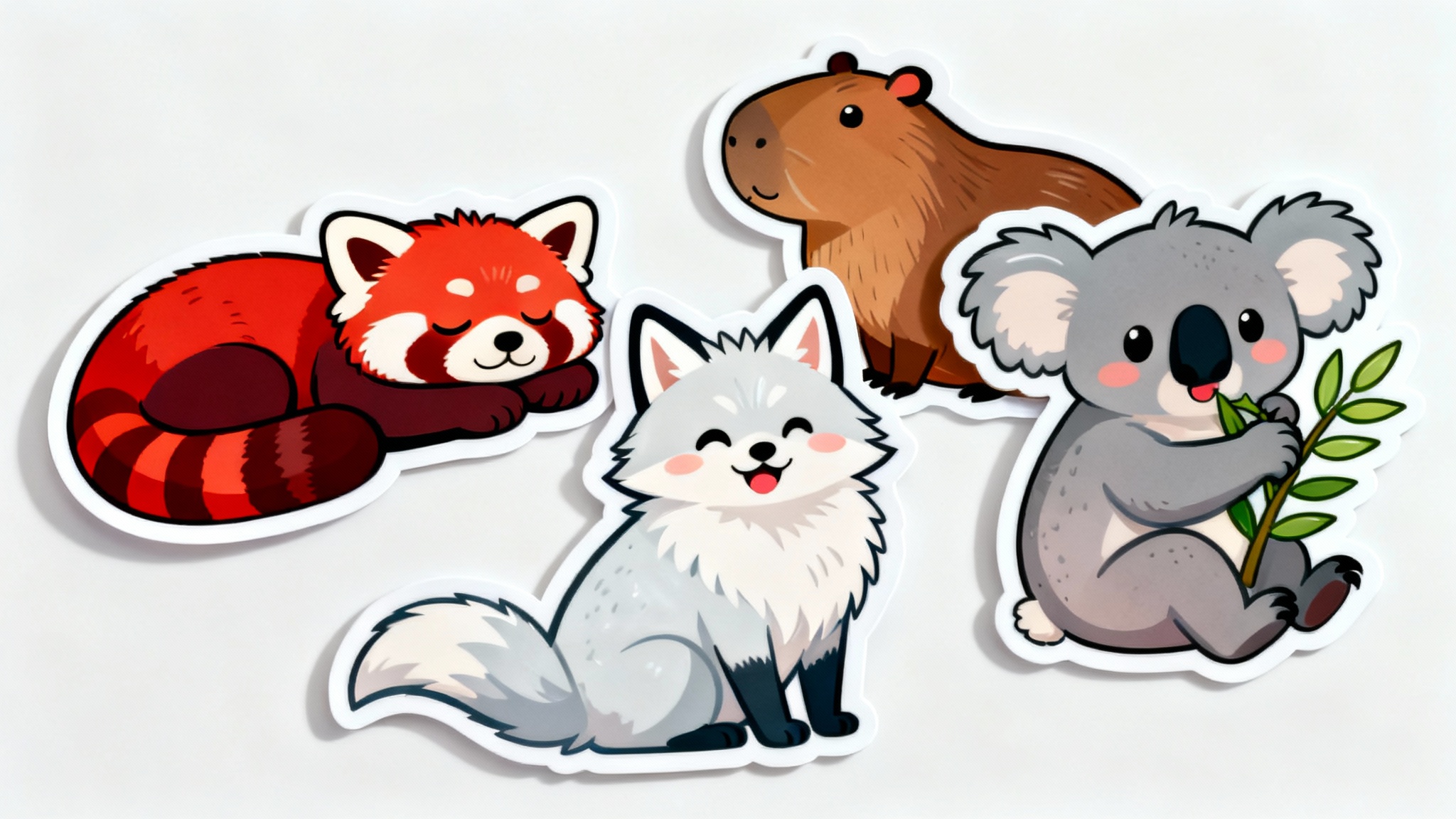 A collection of cute, colorful, die-cut printable animal stickers, including a red panda and a capybara, scattered on a clean white background in a flat lay style.
