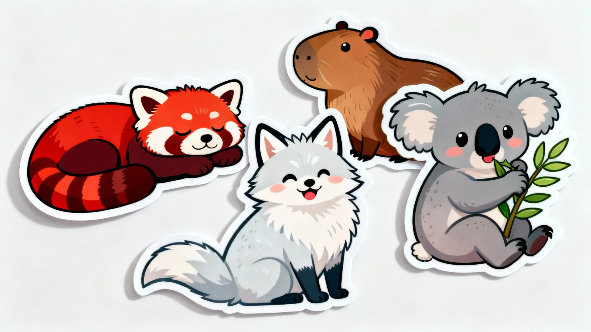A collection of cute, colorful, die-cut printable animal stickers, including a red panda and a capybara, scattered on a clean white background in a flat lay style.