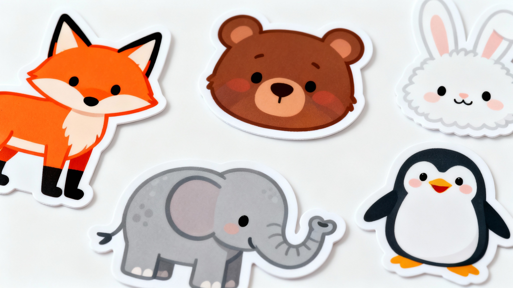 A collection of colorful and cute printable animal stickers, including a fox, bear, and bunny, scattered on a plain white background, showcasing their design.