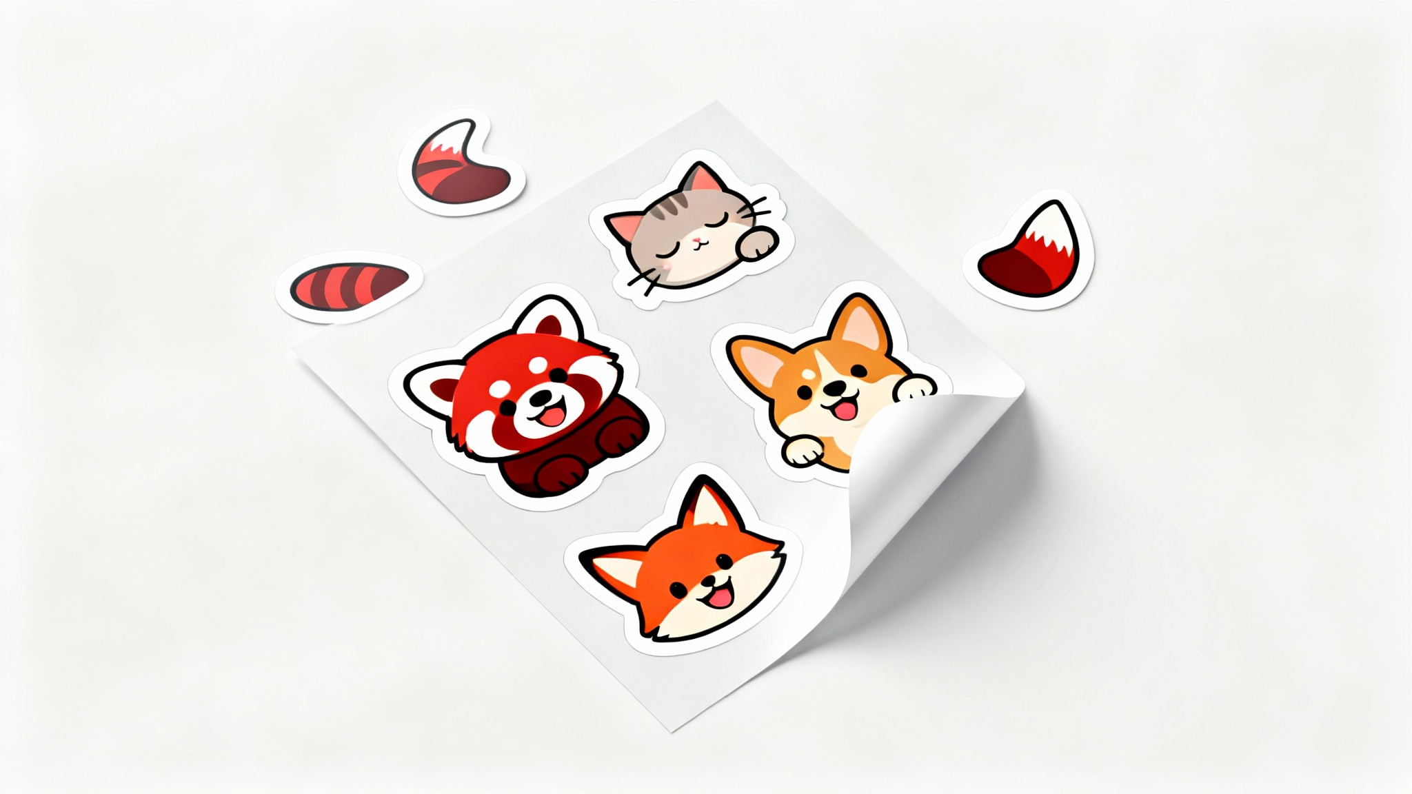 A mockup sheet of cute, colorful printable cartoon animal stickers featuring a red panda, a cat, a corgi, and a fox, displayed on a clean white background.