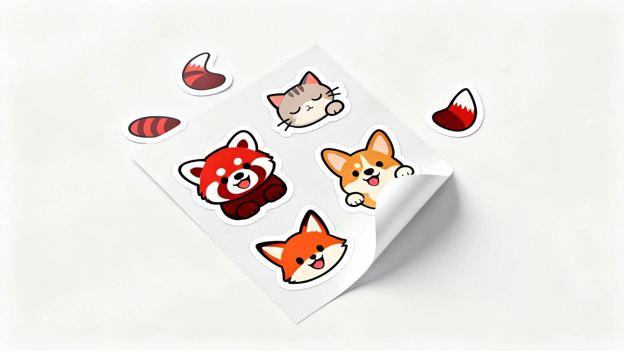 A mockup sheet of cute, colorful printable cartoon animal stickers featuring a red panda, a cat, a corgi, and a fox, displayed on a clean white background.