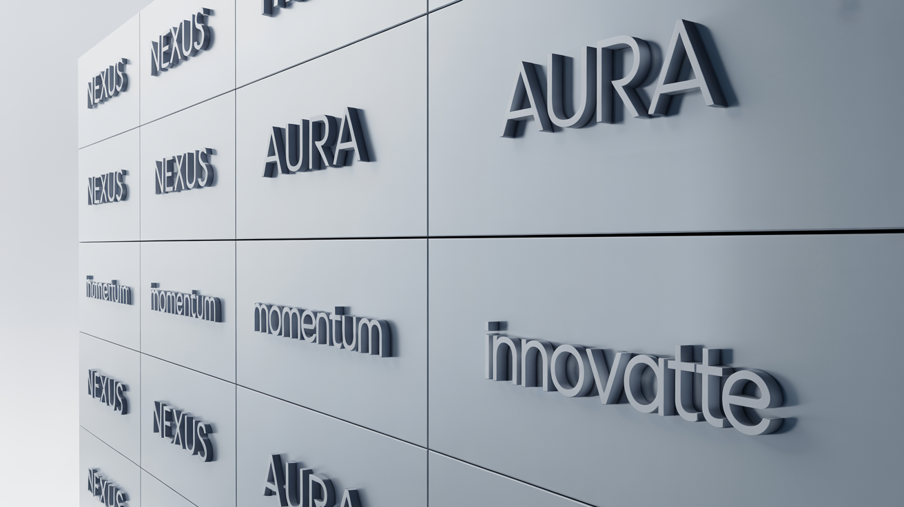 A photorealistic mockup of a clean white wall in an office setting, displaying a neat grid of nine different 3D company logos with fictional brand names, showcasing a professional logo wall.