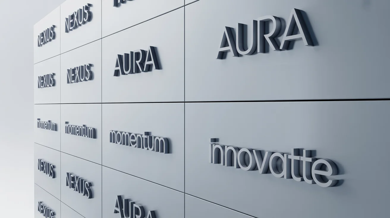 A photorealistic mockup of a clean white wall in an office setting, displaying a neat grid of nine different 3D company logos with fictional brand names, showcasing a professional logo wall.