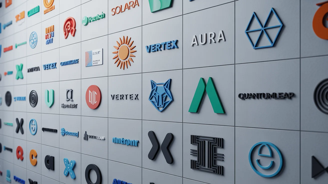 A modern wall displaying a grid of sixteen colorful, 3D fictional company logos in various styles, professionally rendered on a light gray surface against a white background.