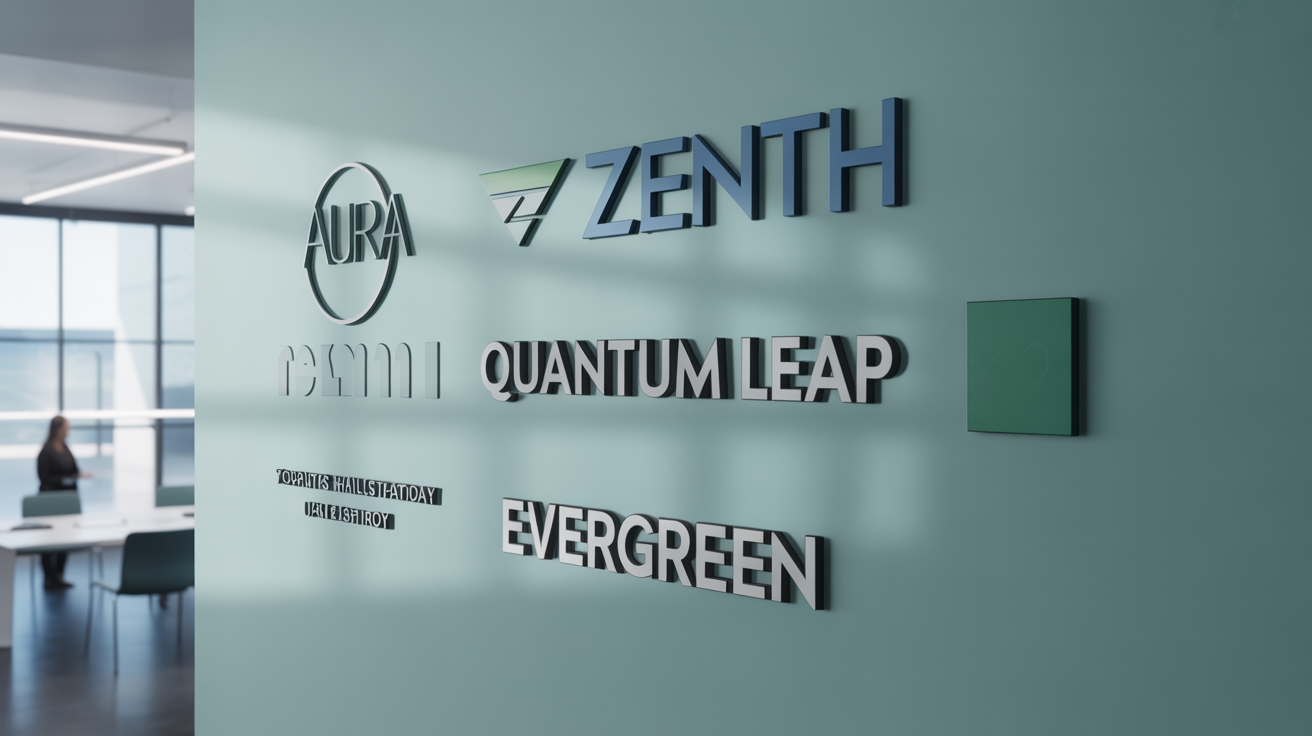 A professional mockup of a white office wall displaying a grid of fictional, modern company logos in various styles and colors, demonstrating a logo wall.